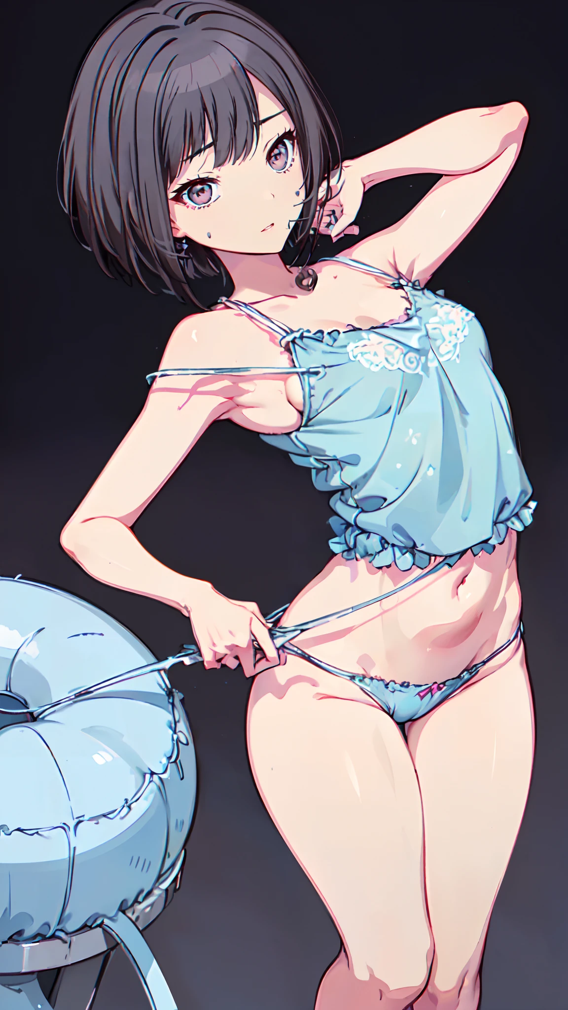 (Light blue camisole Gravure Pose Taking off your panties and provoking Clearly show genitals Very detailed down to the smallest detail clear outlines Beautiful face Beautiful skin) thin-waist A slender ribbed skinny limbs teats cleavage of the breast Beautiful breasts a short bob Uterine mouth Beautiful fingertips Pink Nails Anime style