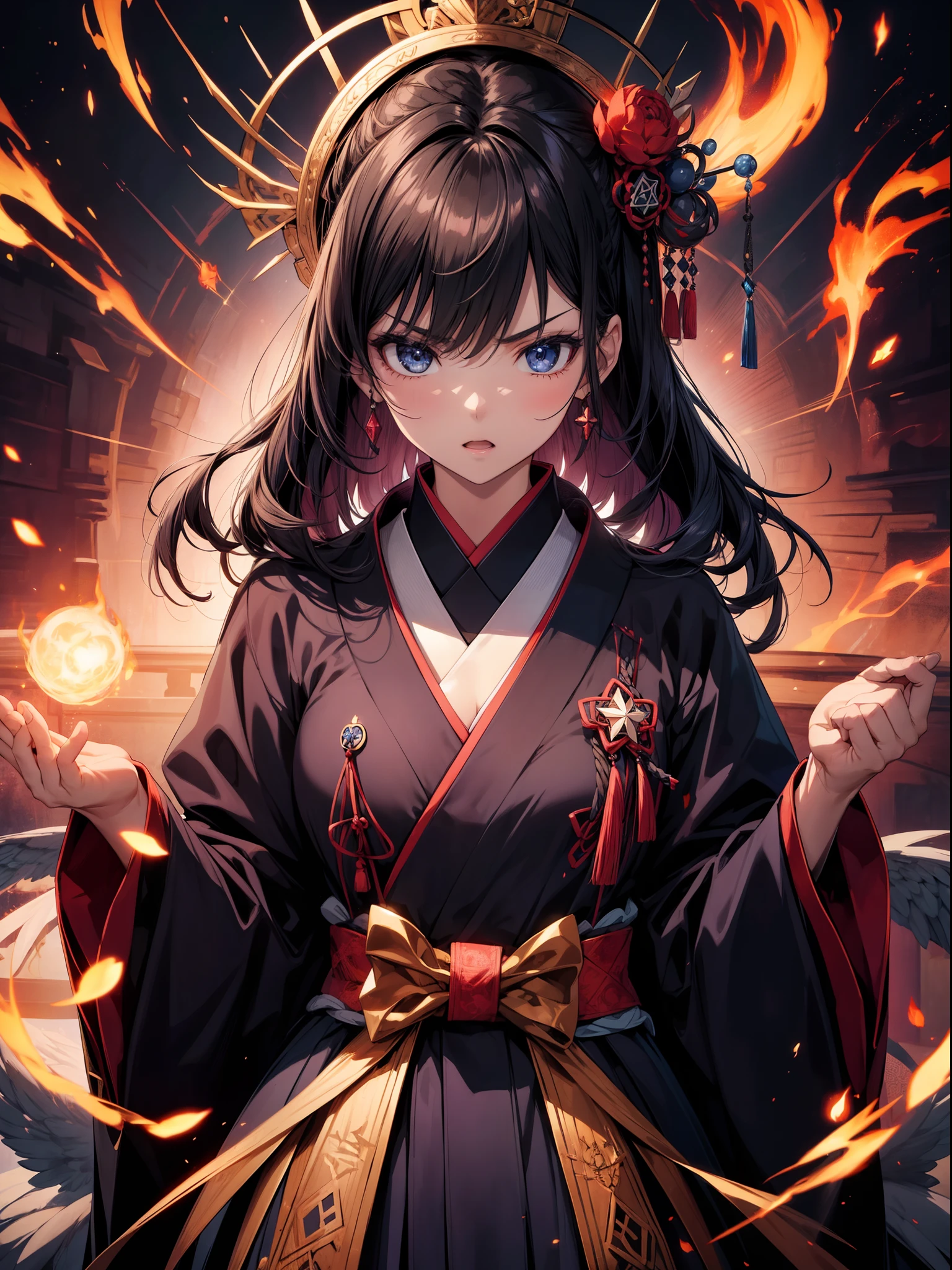 1 girl , cast a spell, hold both hands in front of her ,((blue hexagram)) , character focus, (portrait) ,(front),serious face,open mouth, black hair, Kanzashi , Japanese clothing, (background flame) ,high resolution,(incredibly absurdres), (hires.fix:1.3),anime visual,extremely detailed CG unity 8k wallpaper, ((masterpiece)), ((top-quality)), (beautiful illustration), ((an extremely delicate and beautiful))
