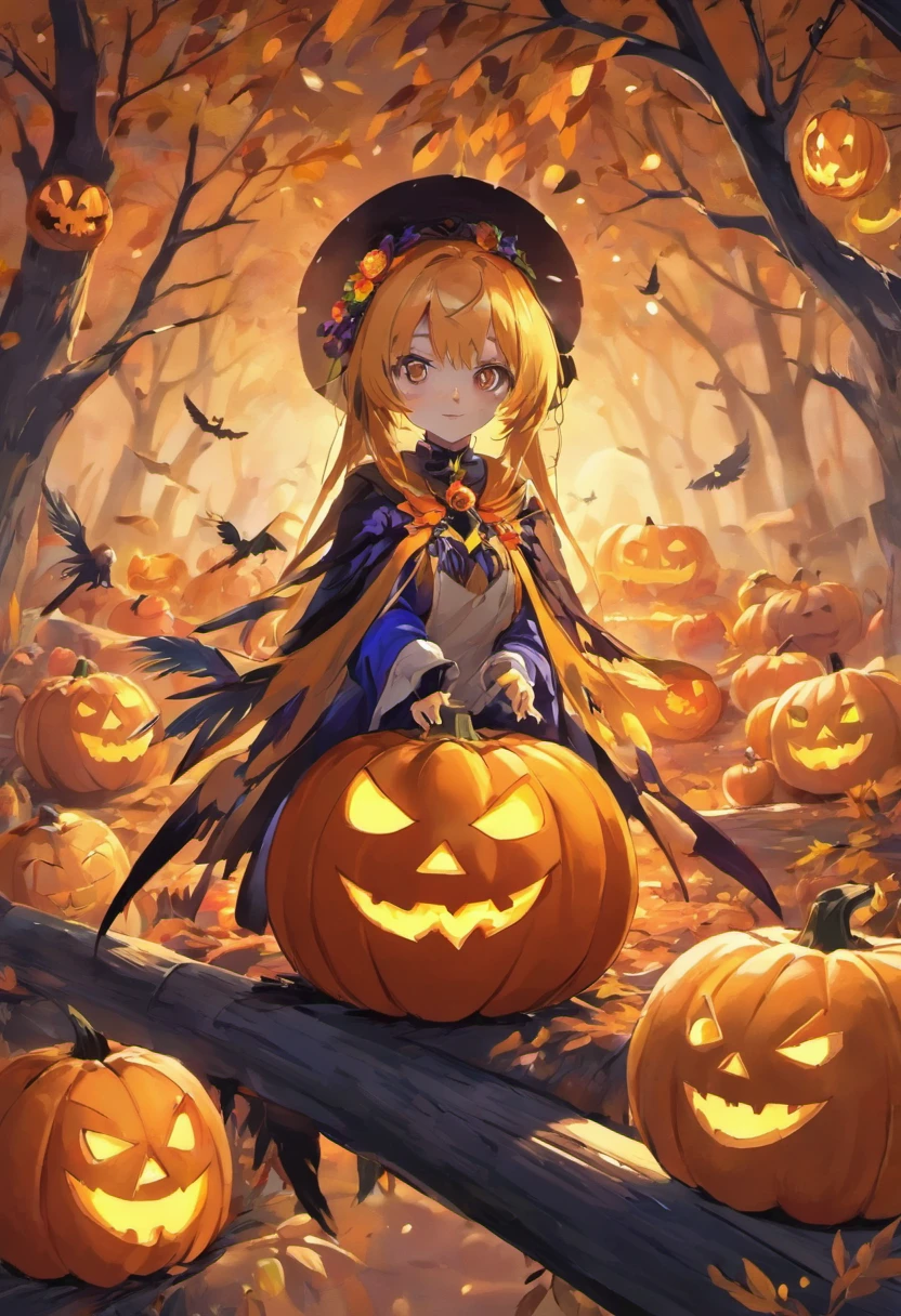 Best Quality,4K,8K,hight resolution, jack-o-lanterns、Spooky Halloween Garden Parrots and Jack-o'-Lanterns, Surrounded by bright autumn leaves. The garden is full of eerie lighting, Cast shadows on the carved face of a pumpkin, Create an eerie yet captivating atmosphere. Jack-o'-lanterns have a classic grinning face.、Illuminated by flickering candles. Colorful parrots perched on jack-o'-lanterns,Brightly colored parrots,Fun Halloween with black round eyed parrot bird, Whimsical Halloween with birds, Lively Halloween landscape, Colorful Halloween with birds, Merry Halloween Celebration, Fun Halloween with Birds, Playful Halloween with birds, Halloween celebration with birds, Merry Halloween Festivities, Halloween Party with Birds, Enchanting Halloween with birds, Lively Halloween atmosphere, Vibrant Halloween colors, Birds and Magic Halloween