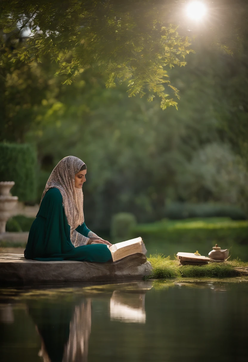 A young Persian woman wears a flowing green gamis abaya and hijab, sits in a quiet courtyard beside a persian garden pond , reading a book. Sunlight shines through the branches of a tree, casting dappled shadows on her face, . Her gamis abaya is embroidered with intricate gold and silver threads. She wears a delicate necklaceThe garden is lush and green, towering trees and colorful flowers. A fountain gurgles in the distance, dark cyan and indigo color theme