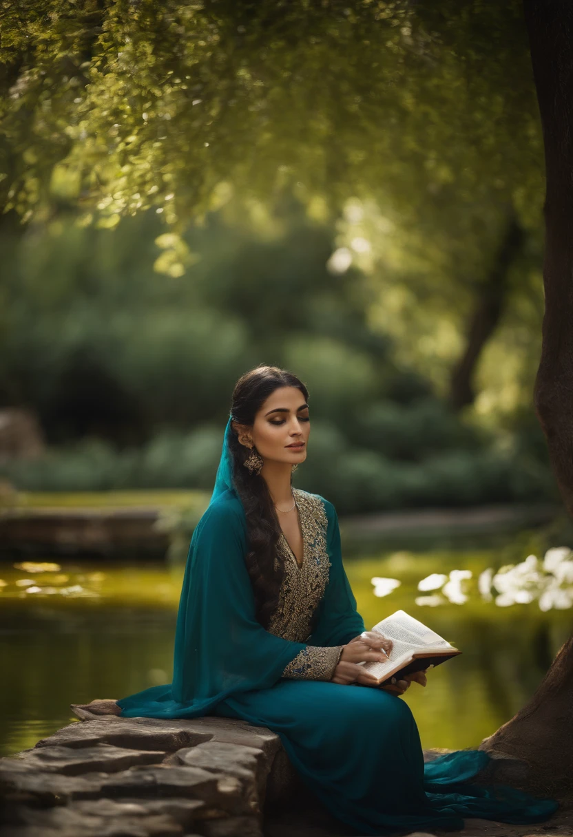 A young Persian woman wears a flowing green gamis abaya and hijab, sits in a quiet courtyard beside a persian garden pond , reading a book. Sunlight shines through the branches of a tree, casting dappled shadows on her face, . Her gamis abaya is embroidered with intricate gold and silver threads. She wears a delicate necklaceThe garden is lush and green, towering trees and colorful flowers. A fountain gurgles in the distance, dark cyan and indigo color theme