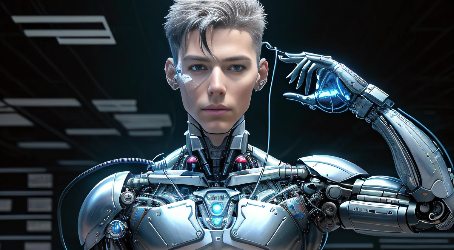 On-Head Humanoid Electronic Systems | Cyborg man | Has a detailed brain,You can see the| With a delicate heart that can be seen| Fio de cabo muscular Realistic skin| Biopunk | Cybernetics | Cyberpunk | Canon M50 | 100mm| Sharp focus | Kindly| hyper photorealism | Very detailed| Intricate details | vascular |