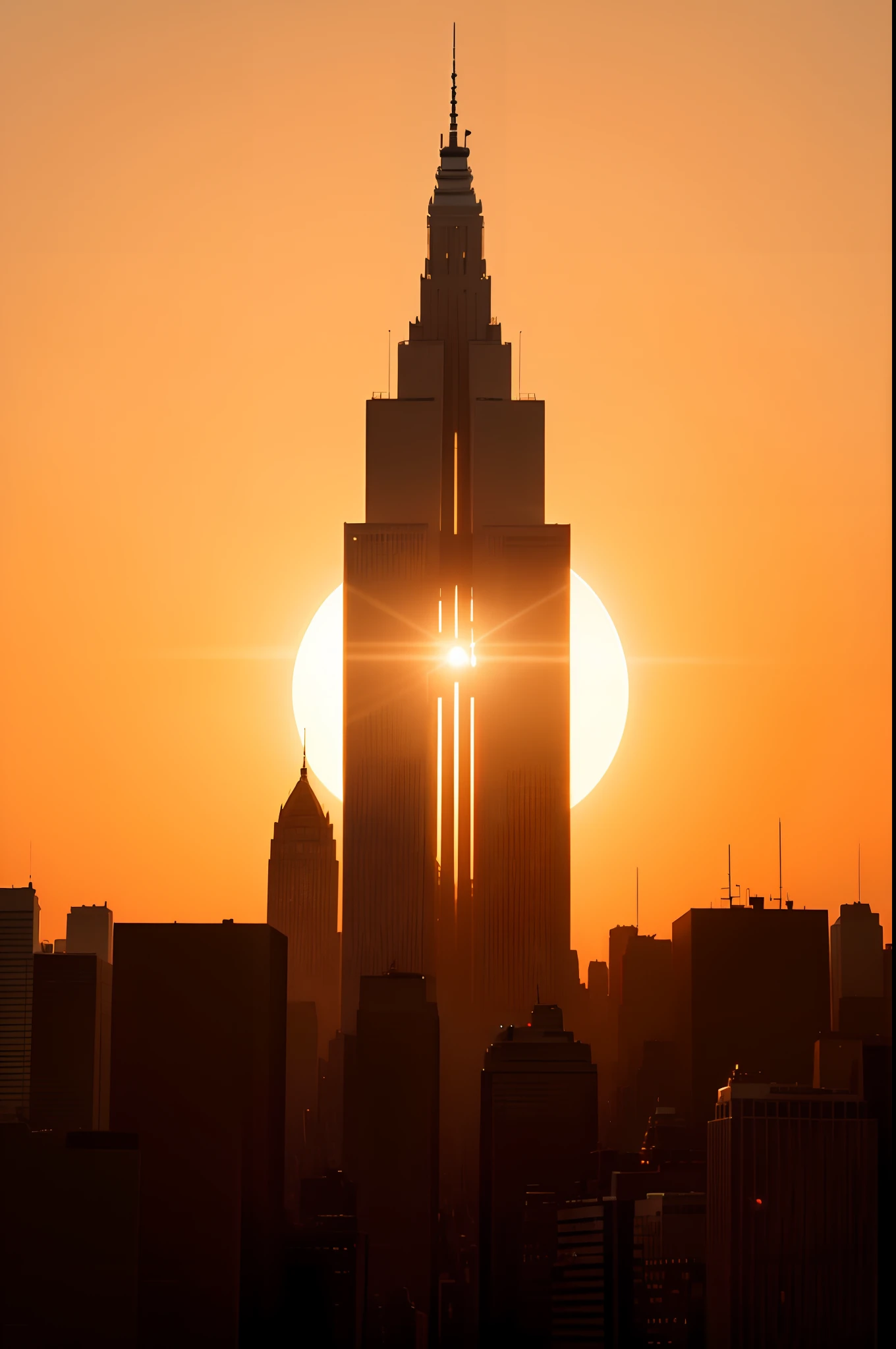 a very detailed photo of New York city skyline, sun setting in the background, skyscraper, iperrealistic