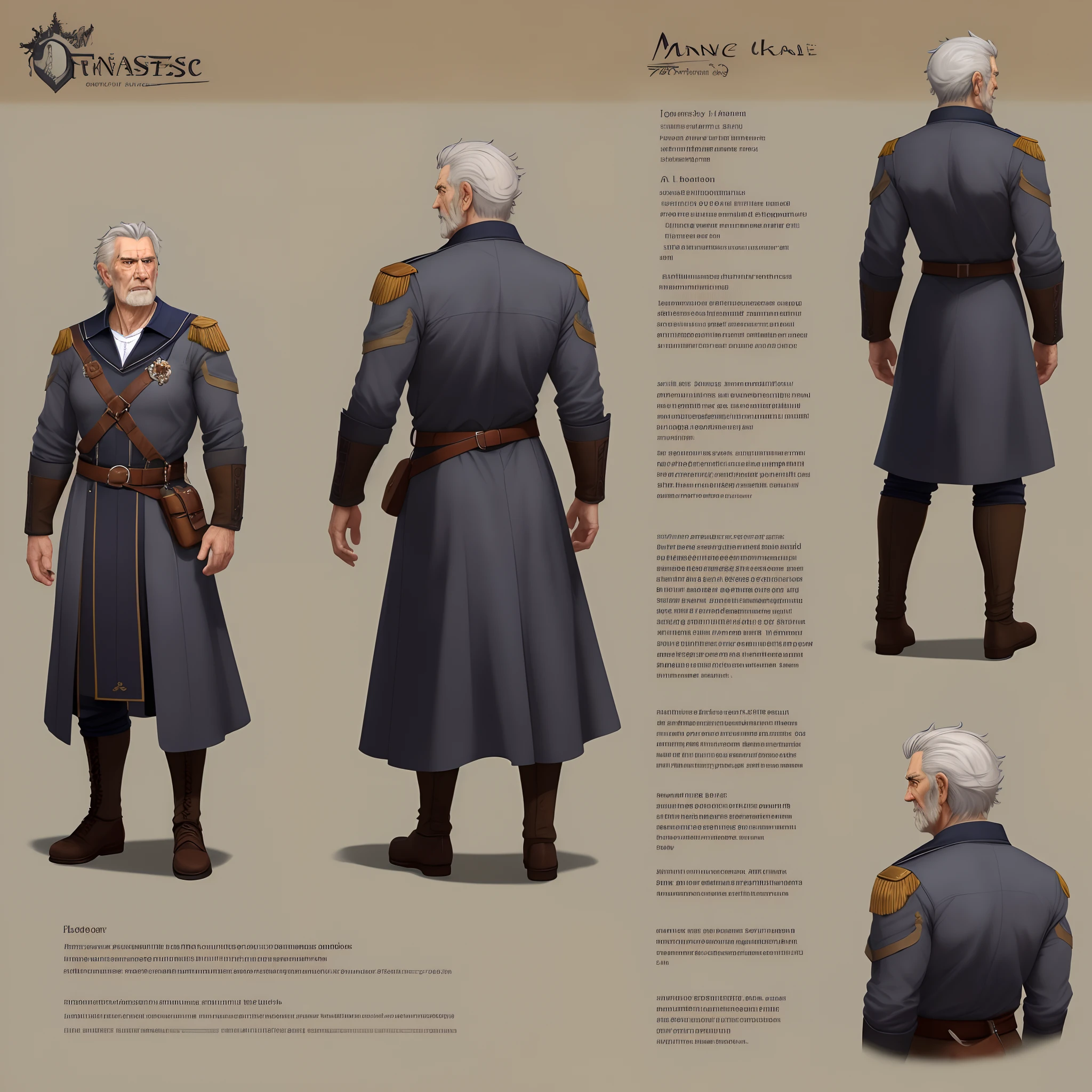 1man, reference sheet, (fantasy character design, front angles, back angles) older man, tired, grumpy, scruffy, Stern, handicap, one arm, scary eye scar, grey hair, military outfit, sailor outfit, flask, above average body build, (masterpiece:1.2), (best quality:1.3).