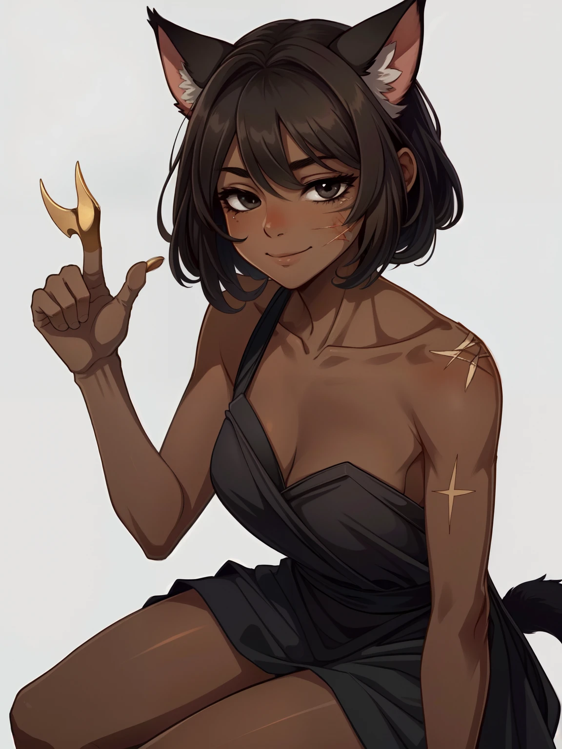 Masterpiece, best quality, high-res, extremely detailed, 1 girl, (dark brown skin tone:1.2), black eyes, princess, short bob, (cat claw scar on eye), pain behind smile,  sleepy eyes