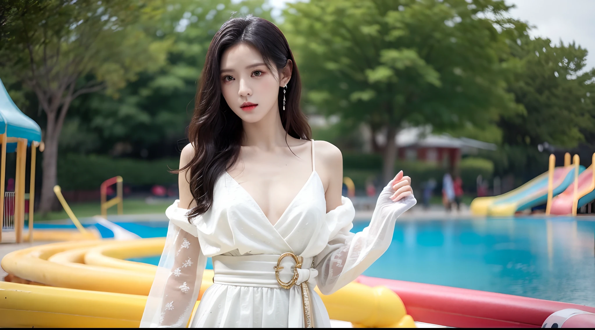 Realiy，8K，超高分辨率，Front light，rays of sunshine，suns，photographed，(parks，playground，waterpark，Cafe，Spot，baiyun:1.2)，cotton candy， Female celebrities，long whitr hair，shift dresses，（Jump up，Fly in the air）Hair_decorations, (Solo,solo person), Lace long gloves，jewelry，sash, Looking_at_peeping at the viewer, Bigchest，(A half body，中景 the scene is:1.2)，Face lighting