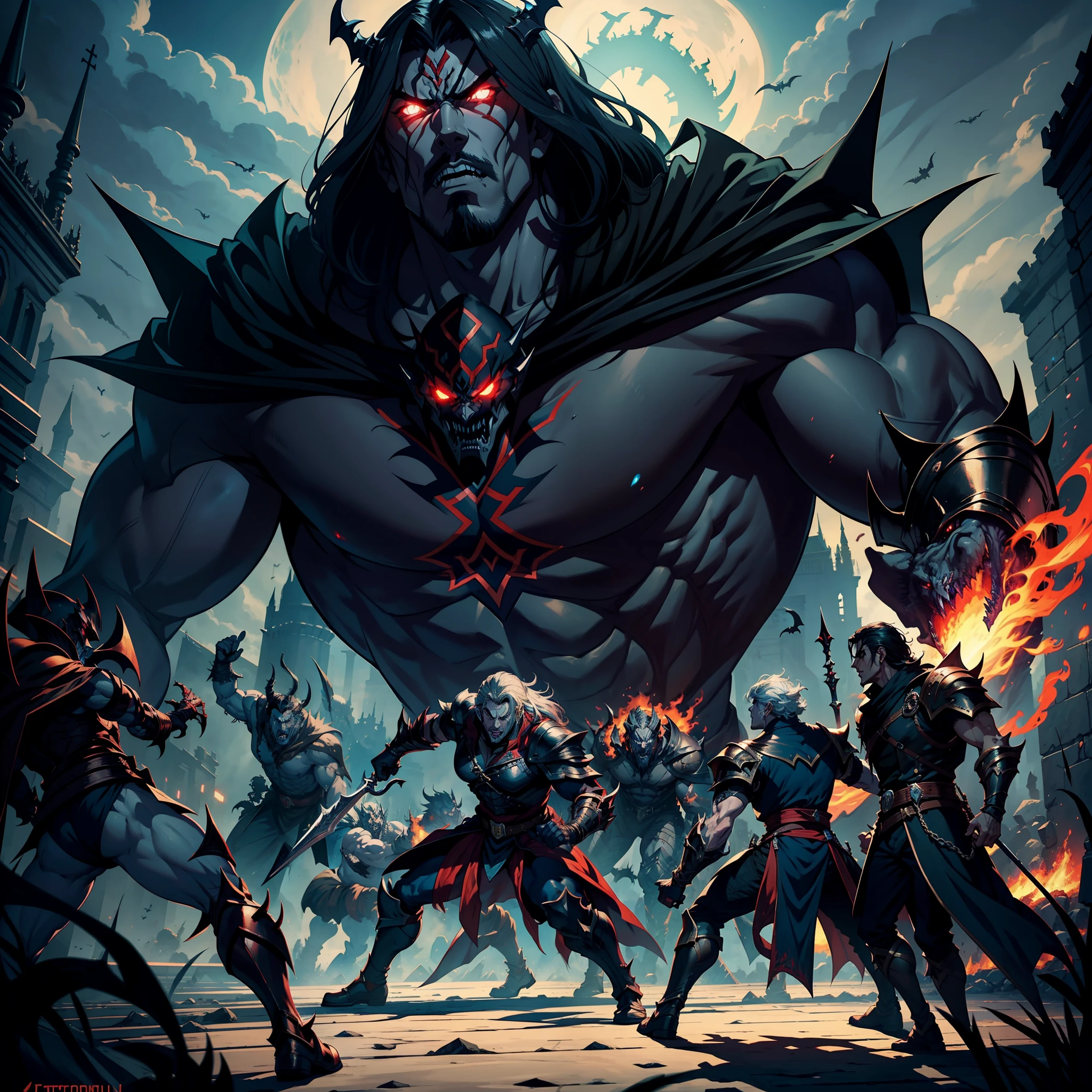 Lord Dracula musclé beau guerrier médiéval retournant dans son château Victorieux avec ses troupes démon armée à midi hyper réaliste super détaillé Plan dynamique pièce maîtresse scène cinématique scènes film Epic Légendaire proportions corrigées Anatomie poses corrigées