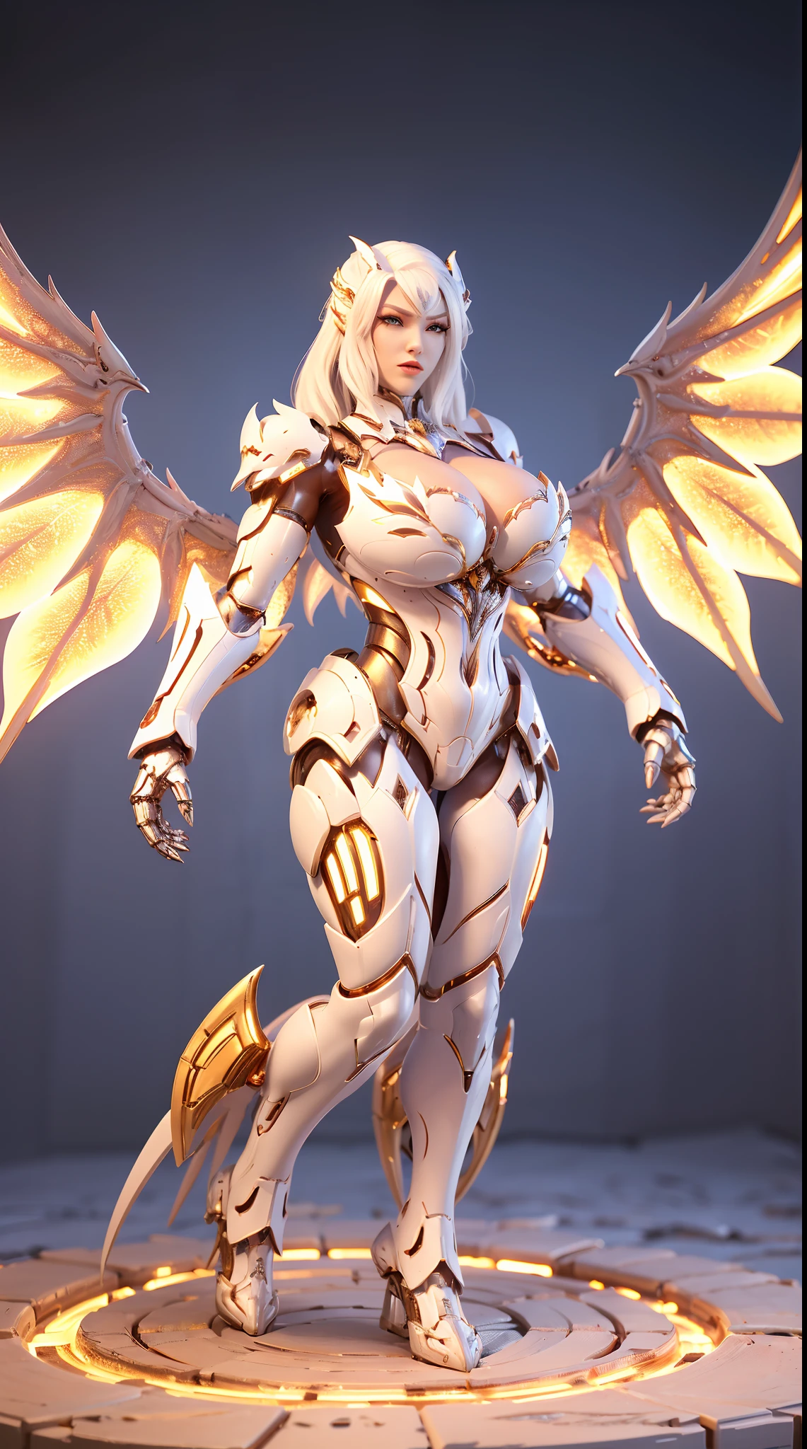 (DRAGON HEAD), HUGE FAKE BOOBS, (BEAUTIFUL FACE), (WHITE HAIR), (WHITE:1.2, GOLD:0.8, MECHA ARMORED GEAR), (((A PAIR OF HUGE MECHANICAL WINGS SPREAD OUT))), FUTURISTIC DRAGON MECHA SUIT, (CLEAVAGE), (SKINTIGHT YOGA PANTS), (PERFECT BODY:1.2), (FULL BODY VIEW), FRONT, (STANDING:1), SEXY MUSCULAR BODY, MUSCLE ABS, UHD, 8K, 1080P.