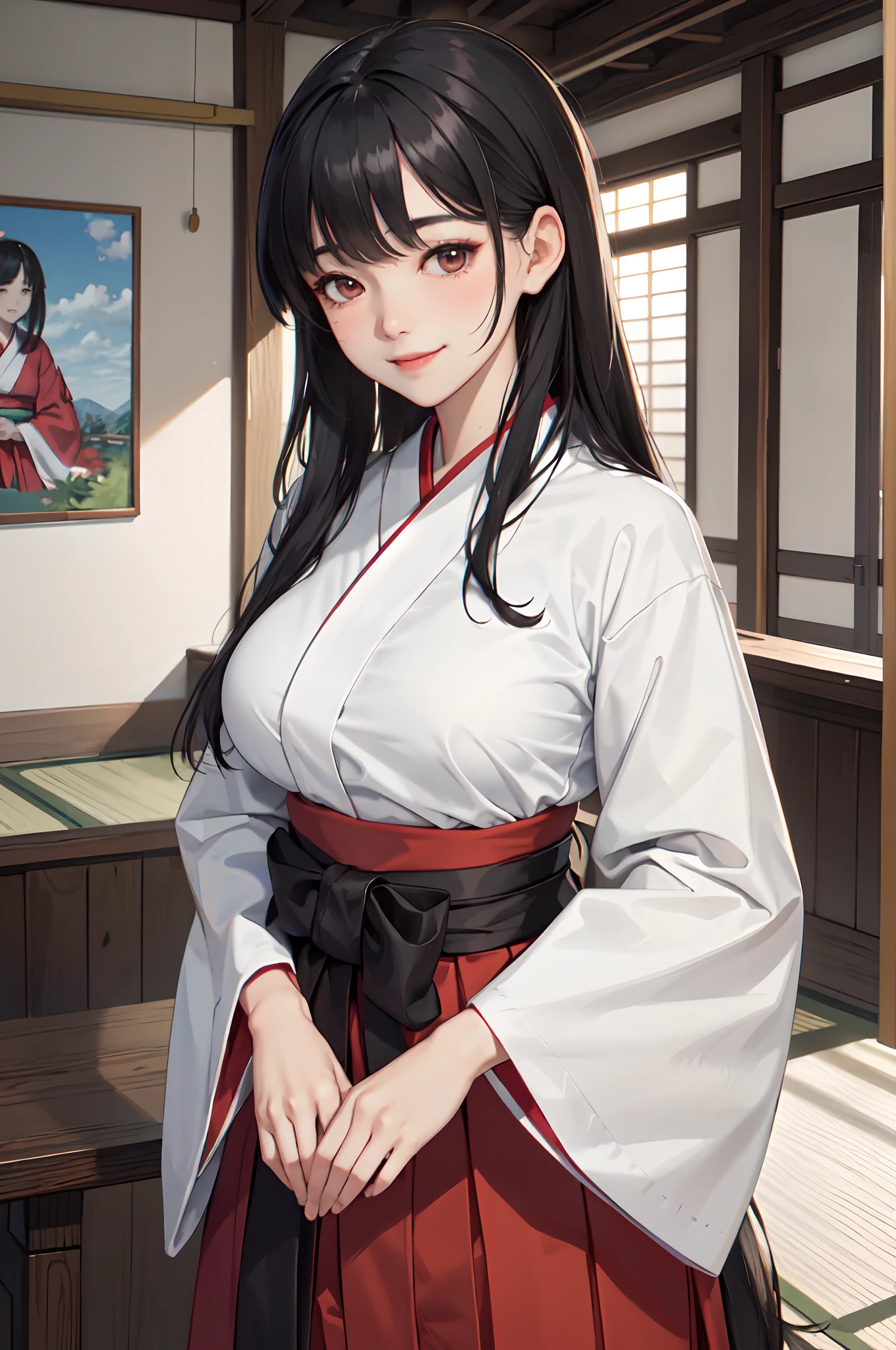 1lady solo standing, /(miko clothes long sleeves long hakama hakama skirt/), mature female, /(black hair/) bangs, blush kind smile, (masterpiece best quality:1.2) delicate illustration ultra-detailed, large breasts BREAK /(shrine indoors/), detailed background