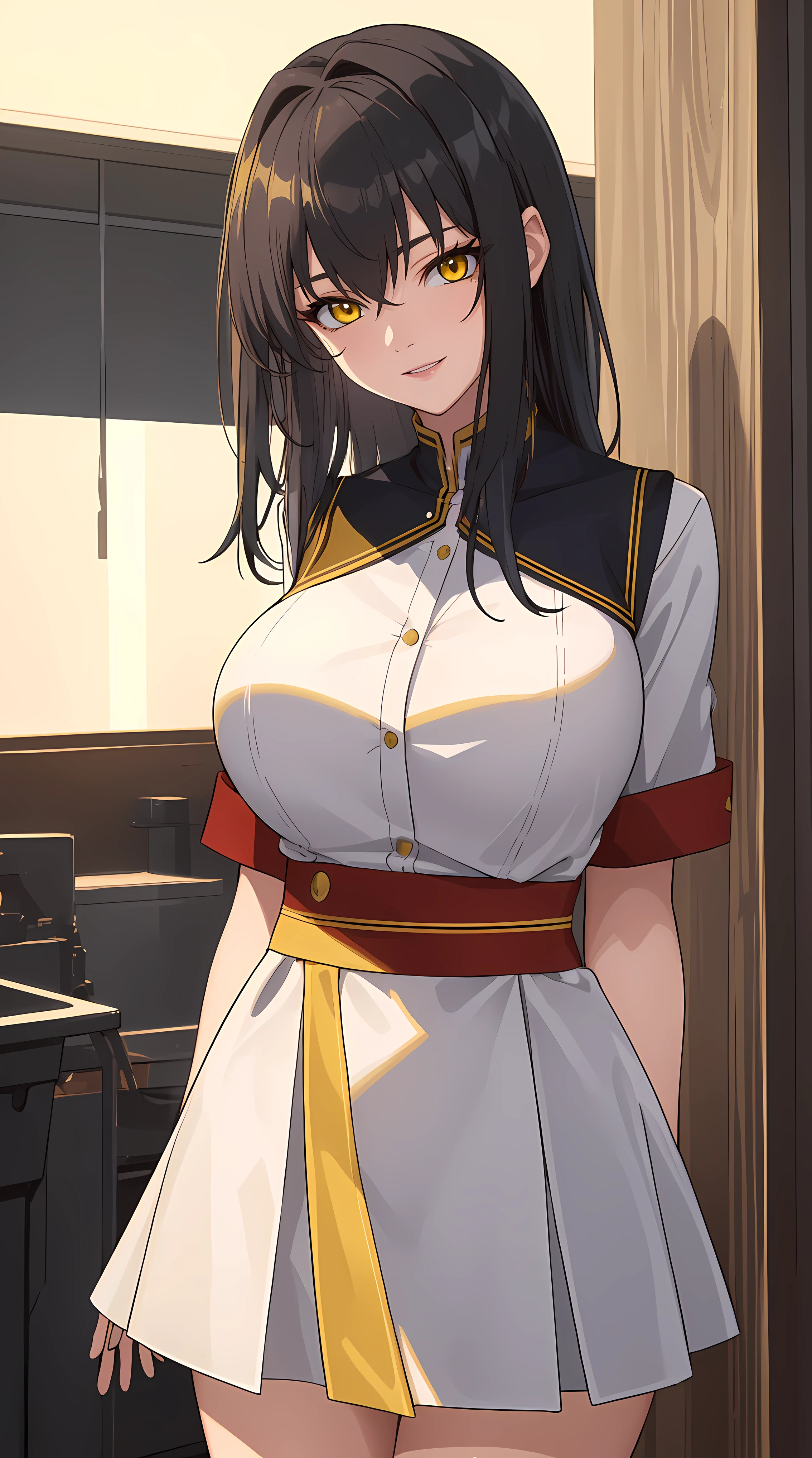 (masterpiece:1.4),(best quality:1.4), soft lighting, cinematic bloom, beautiful face, beautiful eyes, cowboy shot,
1girl, solo, female mature, black hair, long hair, (yellow eyes:1.4), large breasts, school outfit, white and red outfit, highschool, hair intakes, exquisite eyes detail, exquisite character design unity details 8k hdr, professional art, landscape, (solo:1.5, 1girl:1.4, cowboy shot:1.5), sexy body, milf, 35 years old girl, big thighs, sexy waist, happy smile