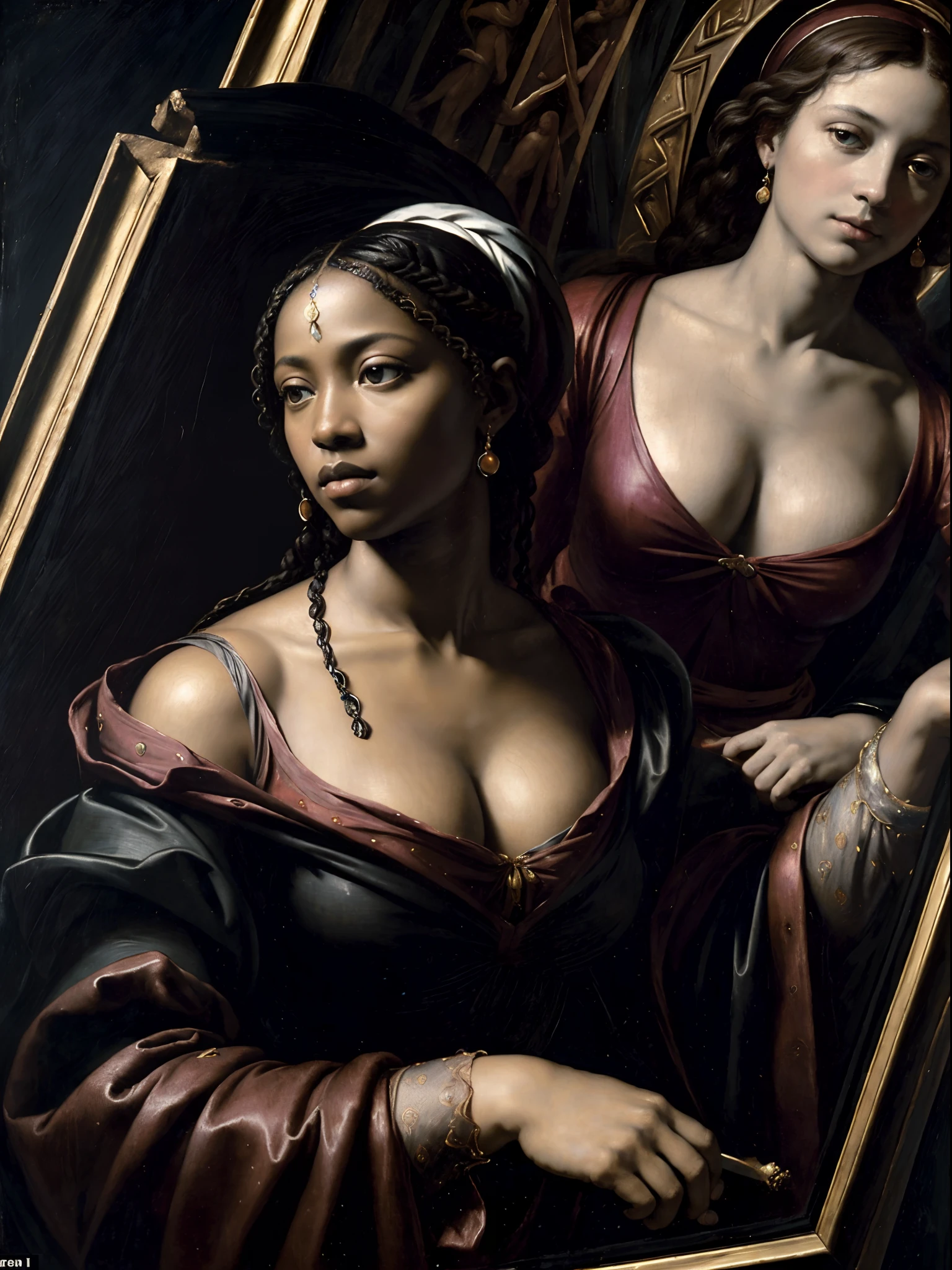 (Renaissance oil painting of a beautiful black woman:1.3), best quality, masterpiece, expressive, thrilling, 256k, epic, crepuscular lights, (by Michelangelo, by Rafael, by Rubens:1.2), chiaroscuro, best quality, masterpiece, (best hands)