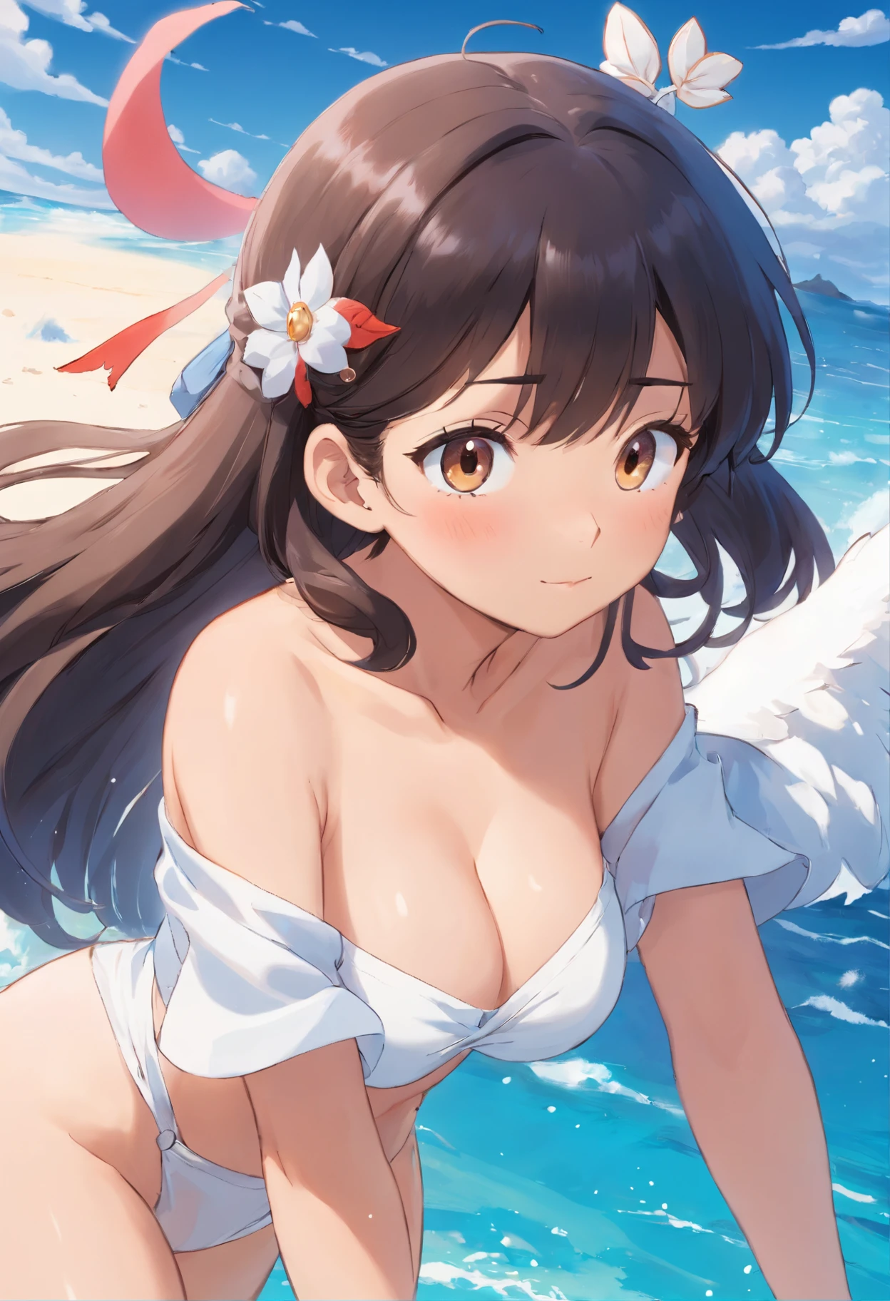 one-girl,cropped shoulders,Huge breasts,Particularly large breasts,Off-the-shoulder attire,,cleavage,Open navel,Upper body photo,Black color hair,upon the clouds,white clothes,比基尼,swim wears,sandbeach,the sea,Close-up shot