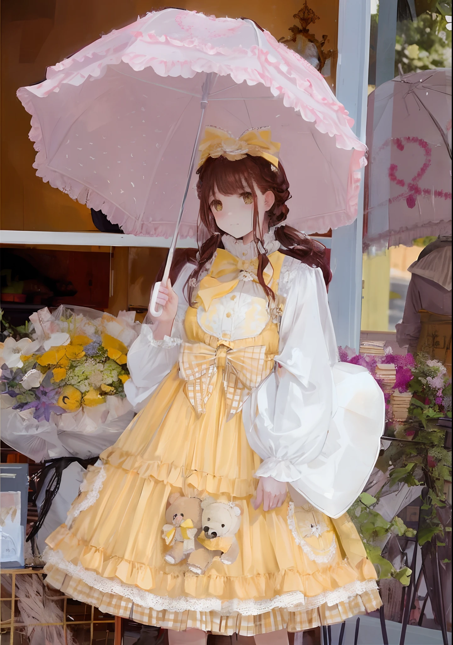 araffe girl in a yellow dress holding an umbrella and a teddy bear, brown hair, hair bow, lolita style, lolita fashion, wearing wheat yellow gauze, portrait of magical lolita girl, kawaii style, loli, fairycore, dreamy style, victorian gothic lolita fashion, yellow parasol, yellow clothes, with yellow cloths, style of magical girl, lolita, angelic pretty