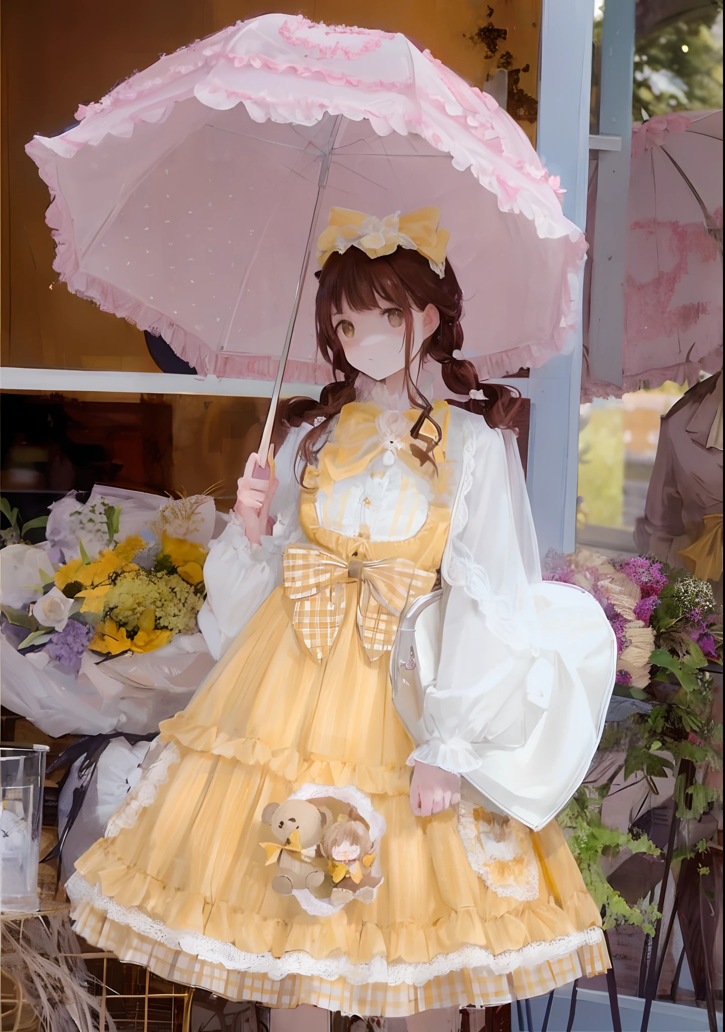 araffe girl in a yellow dress holding an umbrella and a teddy bear, brown hair, hair bow, lolita style, lolita fashion, wearing wheat yellow gauze, portrait of magical lolita girl, kawaii style, loli, fairycore, dreamy style, victorian gothic lolita fashion, yellow parasol, yellow clothes, with yellow cloths, style of magical girl, lolita, angelic pretty