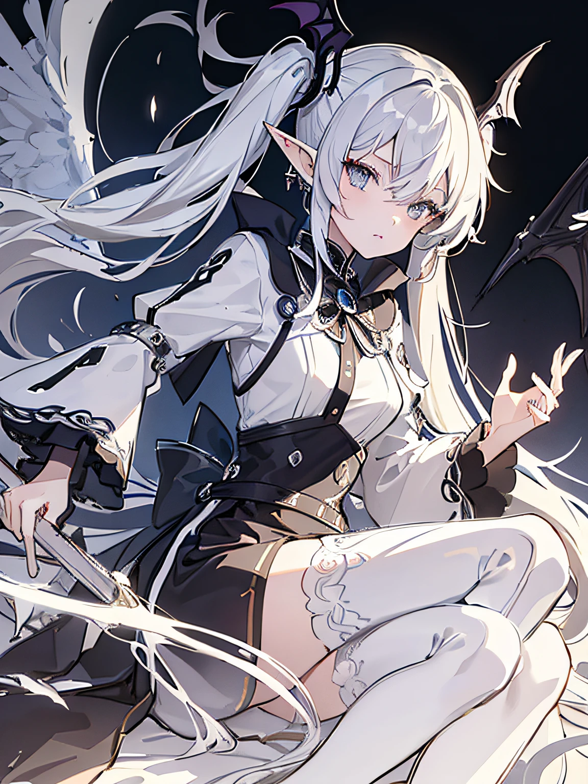 masterpiece, acura, 1girl, solo, beautiful dress, long white hair, twintails, elf ears, vampire wings, iron chains background, line drawing, looking at viewer, grey eyes, photogenic pose ((sketch))