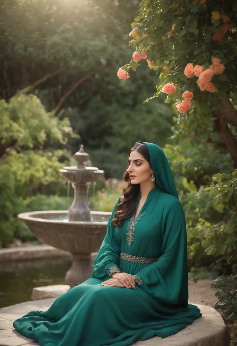 A woman in a green dress sitting on a stone bench - SeaArt AI
