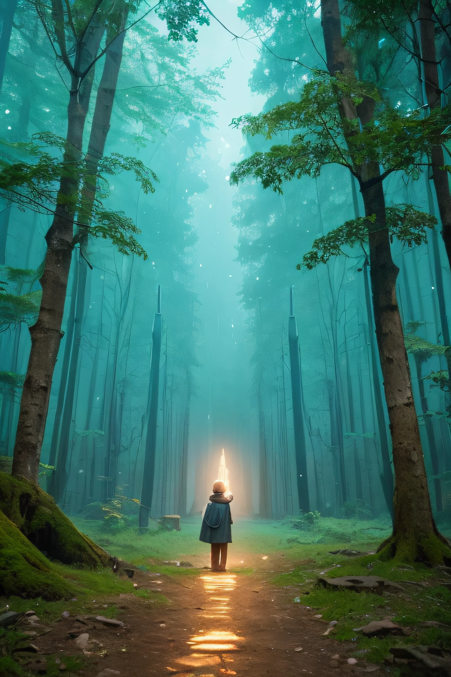 A mystical journey through an ancient forest, where young character meets a wise old man and learn valuable life lessons. iluminador, transformative and magica