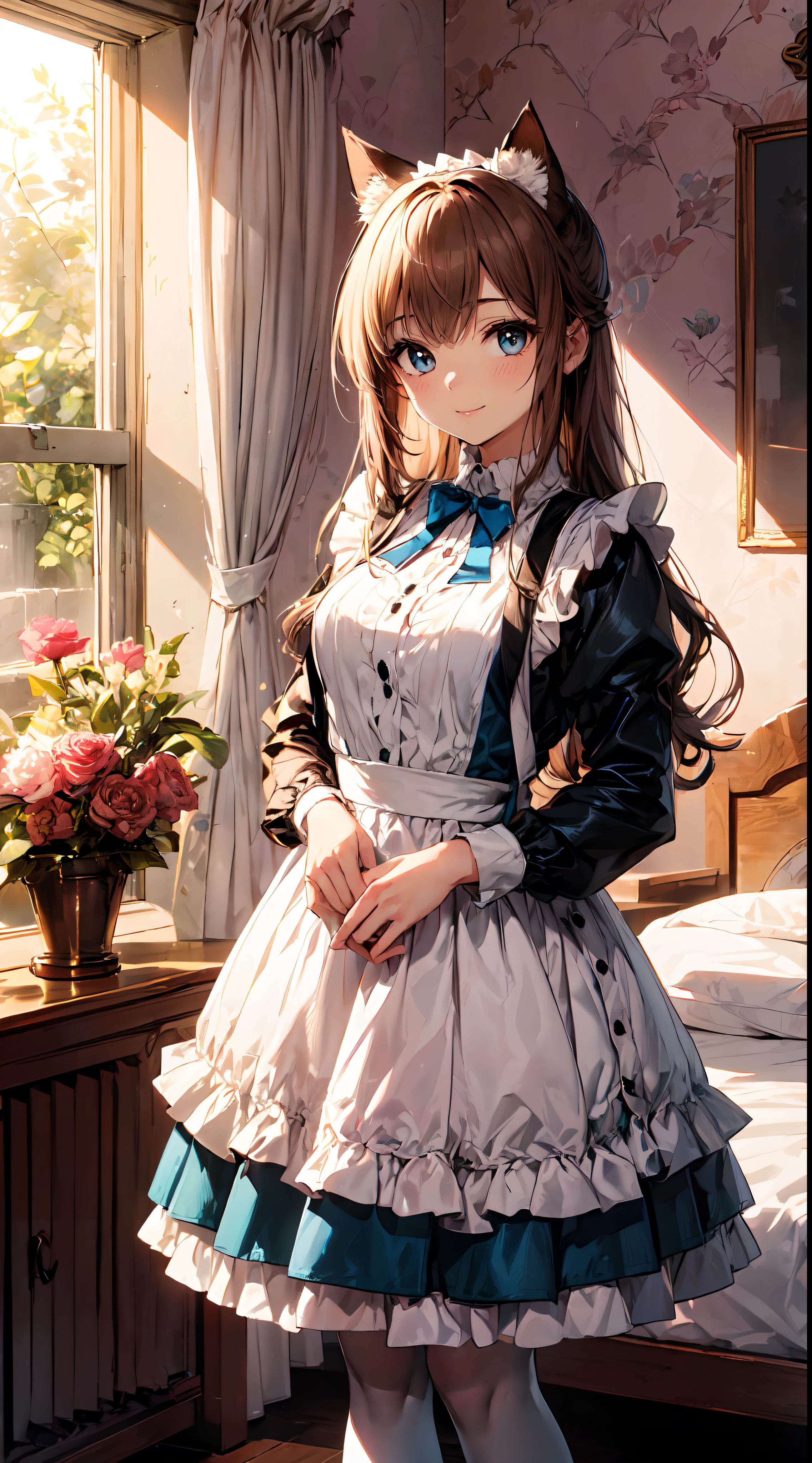 1 beautiful girl, (Cute:1.5), (Chibi: 0.8), (kawaii: 1.5), (Lori: 0.5), (17 years old girl) BREAK, (爆乳,Milk:1.4,), Clear skin, Beautiful skin, Shy, 1 beautiful girl, Brown hair, (Cat ears, High Ponytail, Medium Long Hair,Curly hair: 1. 2), (almond shape eyes,Light blue eyes, long eyelashes, Double eyelid 1.2), Shiny skin, BREAK, Clear skin, Shining Beautiful Skin Break, (Huge cake:1.2), Bangs,Cowboy Shot, dial,BREAK, Clear skin, Beautiful skin,BREAK, (Alice in Wonderland:1.4), Voluminous panniers below (Long Blue Dress:1.33) with (a lot of layered frills:1.2) and ribbons, (White Apron:1.2), Black Mary Jane Shoes, (White tights:1.3), With black headdress (a lot of layered frills:1.2) and ribbons, Clock Charm, Card Suit Accessories, White lace, (voluminous panniers under a long petticoat,,,,:1.3),BREAK, (inside in room:1.5),(girl's own room,pink wall paper,a bed,The table,Giant Chocolate Whole Cake:1.35),Cute,年轻,Posing,Very long hair, Look at viewers, Professional Lighting, Physically-based rendering,depth of fields,,BREAK, wakame,wakame,wakame,(Highly detailed CG Unity 8k wallpaper), (Best Quality, Very detailed, Colorful, Highest detail), (Best Illustration), (Best Shadow), POV, Realistic lighting and shading, Natural light, Lens flare effect,absurderes, absolutely resolution, unbelievable Ridiculous, hight resolution, ultra-detailliert, Official art, Unity 8k壁纸, Kinetic Typography Break, ‎ (1girl in, Solo:1.4), Dynamic Poses, sale,(Smile with plenty of room:1.1) BREAK,