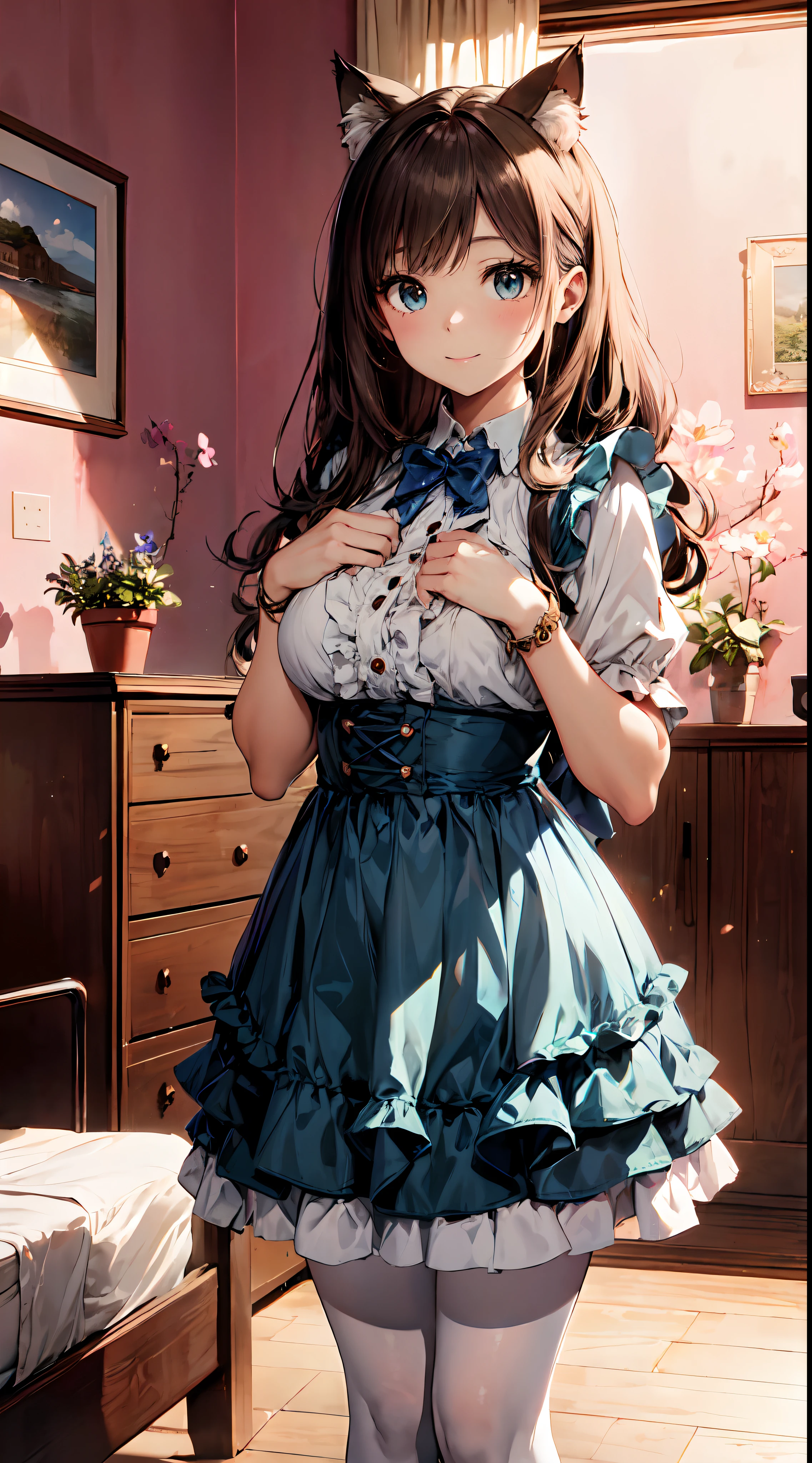 1 beautiful girl, (Cute:1.5), (Chibi: 0.8), (kawaii: 1.5), (Lori: 0.5), (17 years old girl) BREAK, (爆乳,Milk:1.4,), Clear skin, Beautiful skin, Shy, 1 beautiful girl, Brown hair, (Cat ears, High Ponytail, Medium Long Hair,Curly hair: 1. 2), (almond shape eyes,Light blue eyes, long eyelashes, Double eyelid 1.2), Shiny skin, BREAK, Clear skin, Shining Beautiful Skin Break, (Huge cake:1.2), Bangs,Cowboy Shot, dial,BREAK, Clear skin, Beautiful skin,BREAK, (Alice in Wonderland:1.4), Voluminous panniers below (Long Blue Dress:1.33) with (a lot of layered frills:1.2) and ribbons, (White Apron:1.2), Black Mary Jane Shoes, (White tights:1.3), With black headdress (a lot of layered frills:1.2) and ribbons, Clock Charm, Card Suit Accessories, White lace, (voluminous panniers under a long petticoat,,,,:1.3),BREAK, (inside in room:1.5),(girl's own room,pink wall paper,a bed,The table,Giant Chocolate Whole Cake:1.35),Cute,年轻,Posing,Very long hair, Look at viewers, Professional Lighting, Physically-based rendering,depth of fields,,BREAK, wakame,wakame,wakame,(Highly detailed CG Unity 8k wallpaper), (Best Quality, Very detailed, Colorful, Highest detail), (Best Illustration), (Best Shadow), POV, Realistic lighting and shading, Natural light, Lens flare effect,absurderes, absolutely resolution, unbelievable Ridiculous, hight resolution, ultra-detailliert, Official art, Unity 8k壁纸, Kinetic Typography Break, ‎ (1girl in, Solo:1.4), Dynamic Poses, sale,(Smile with plenty of room:1.1) BREAK,