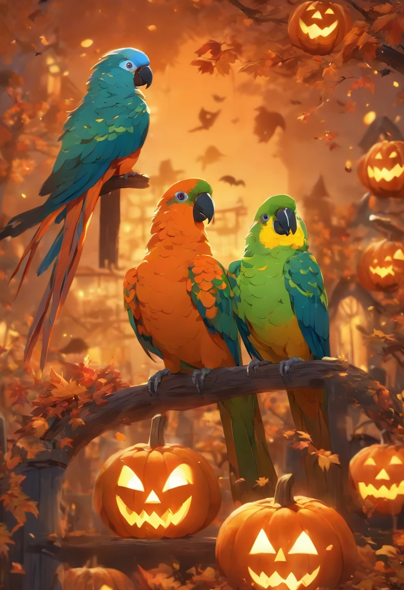 Best Quality,4K, jack-o-lanterns、Spooky Halloween Garden Parrots and Jack-o'-Lanterns, Surrounded by bright autumn leaves. The garden is full of eerie lighting, Cast shadows on the carved face of a pumpkin, Create an eerie yet captivating atmosphere. Jack-o'-lanterns are classic forms,Illuminated by flickering candles. Colorful parrots perched on jack-o'-lanterns,Brightly colored parrots,Fun Halloween with black round eyed parrot bird, Whimsical Halloween with birds, Lively Halloween landscape, Colorful Halloween with birds, Merry Halloween Celebration, Fun Halloween with Birds, Playful Halloween with birds, Halloween celebration with birds, Merry Halloween Festivities, Halloween Party with Birds, Enchanting Halloween with birds, Lively Halloween atmosphere, Vibrant Halloween colors, Birds and Magic Halloween