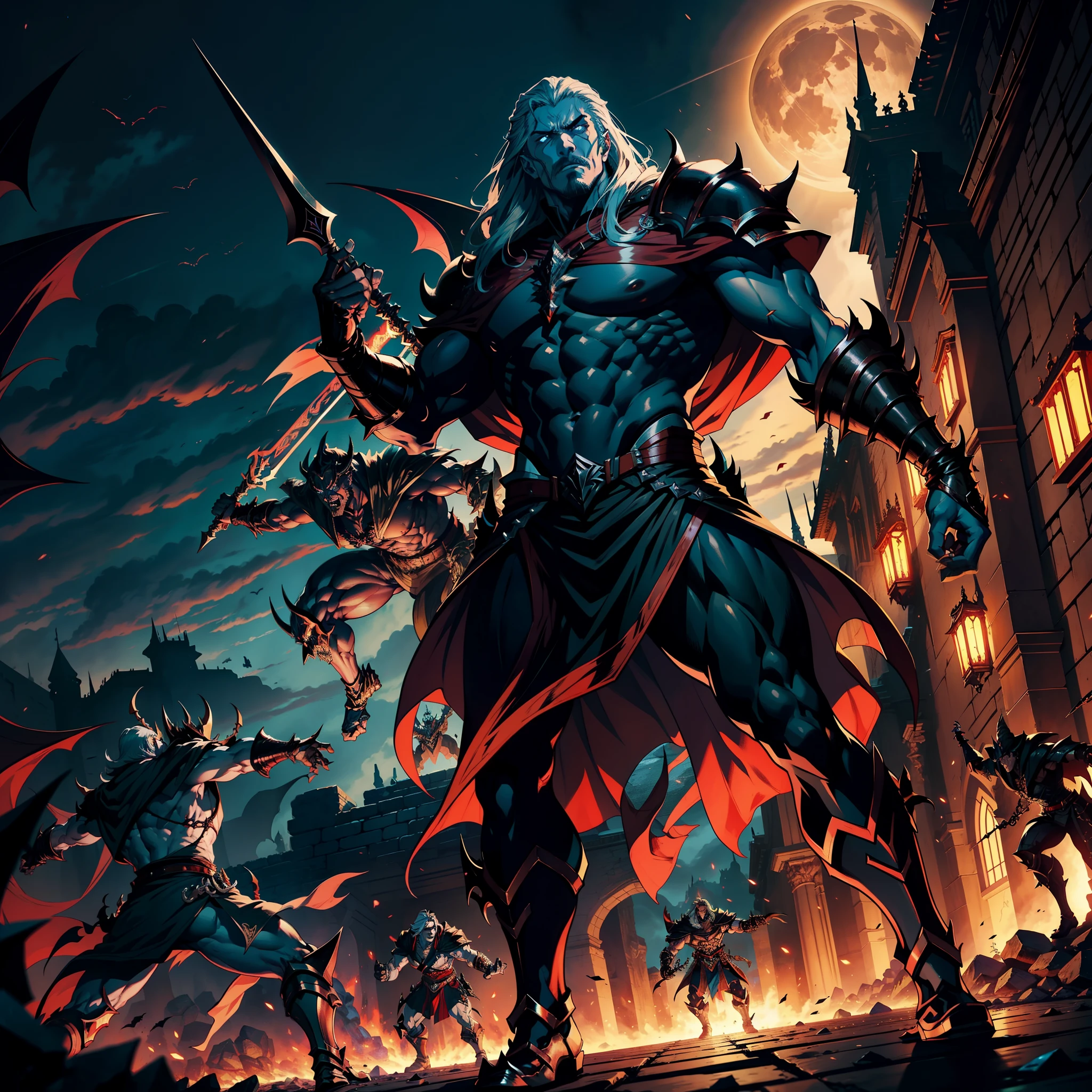 Castlevania Shadow Lord hyper realistic super detailed Lord Dracula handsome muscular wearing angry Islamic armor leading troops armed with demons into battle 3points perspective view bottom shot hyper realistic super detailed Dynamic shot Cinematic scenes from the movie Correct characters Anatomy Correct proportions Dynamic poses