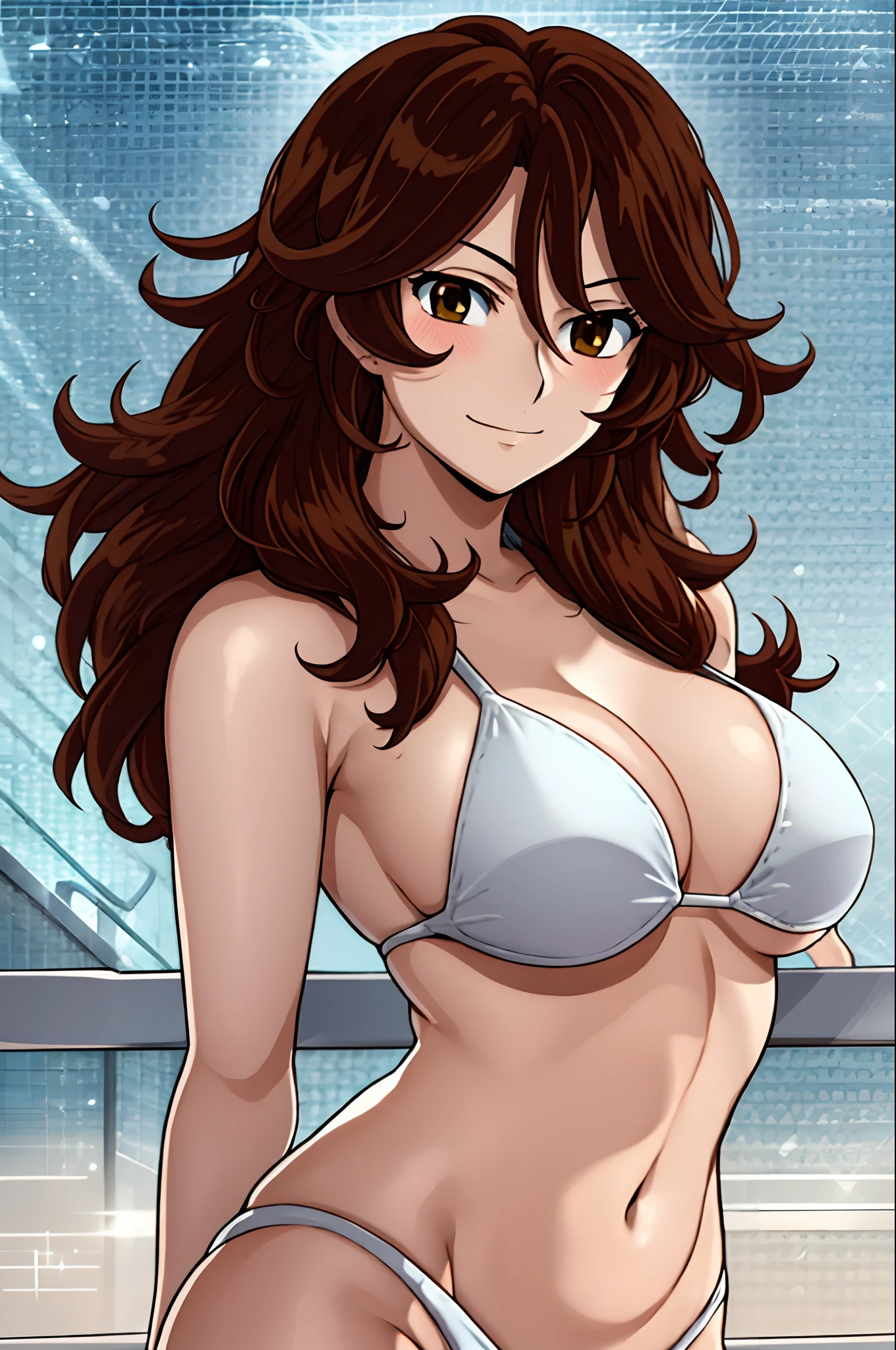 cowboy shot, detailed face, upper body view, detailed body, 4k, Sumergai Lee Noriega, best quality, anime style, hires, highest definition, digital blending, bold drawing lines, ((), (slender body), mature woman, (female wrestler, white wrestling bikini), cheerful, gorgeous, smile, (closed mouth), (pale skin, shiny skin, lighting and shadow), (cleavage), (clean face), (warming up), closed fists, (brown hair, curly hair, long hair), 27 years old, sexy