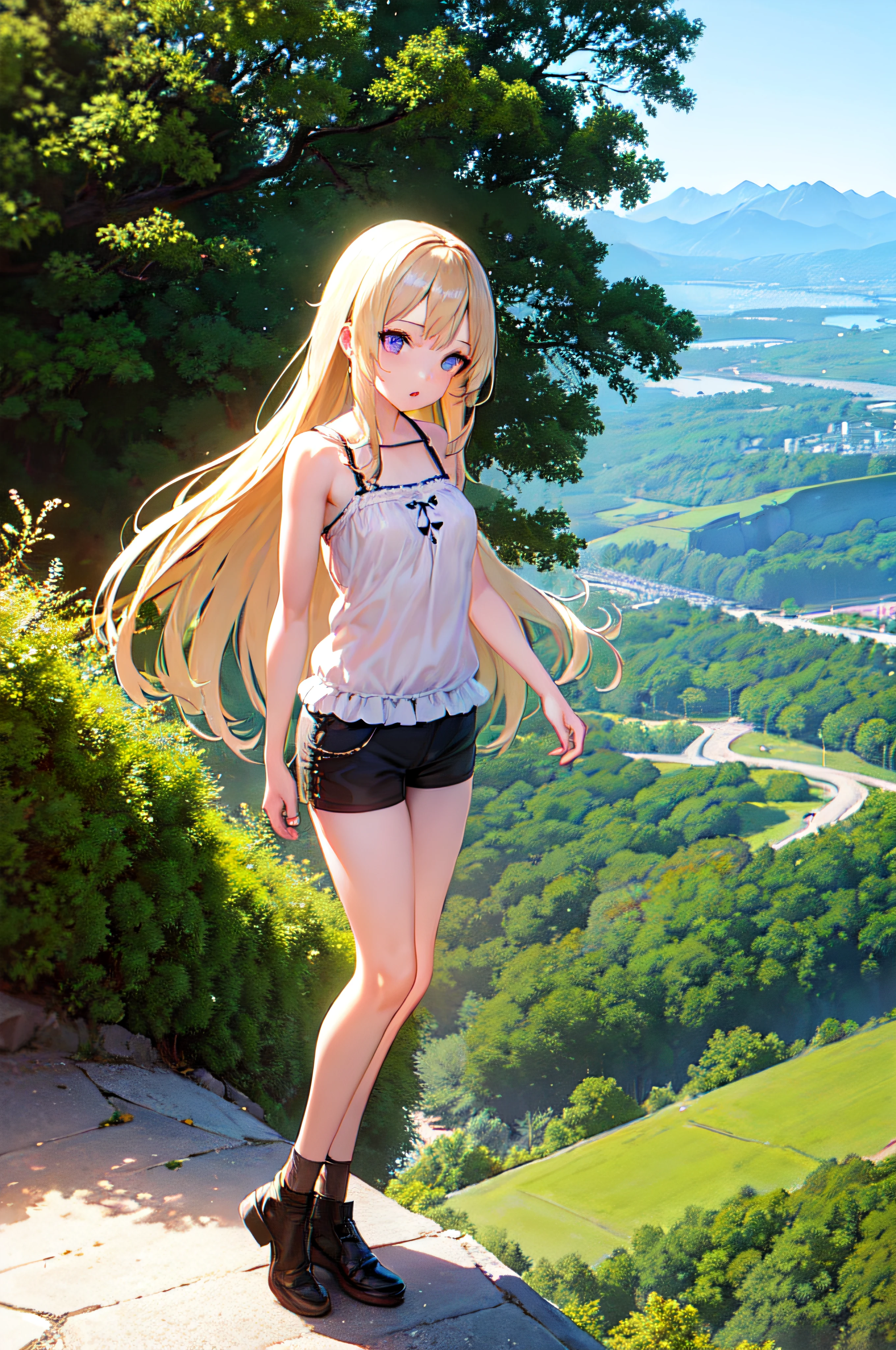1girl, blonde hair, straight hair, on mountain, beautiful view, ultra detailed, ultra detailed CG, summer clothes, sunlight, standing, small breasts, pale skin, shorts