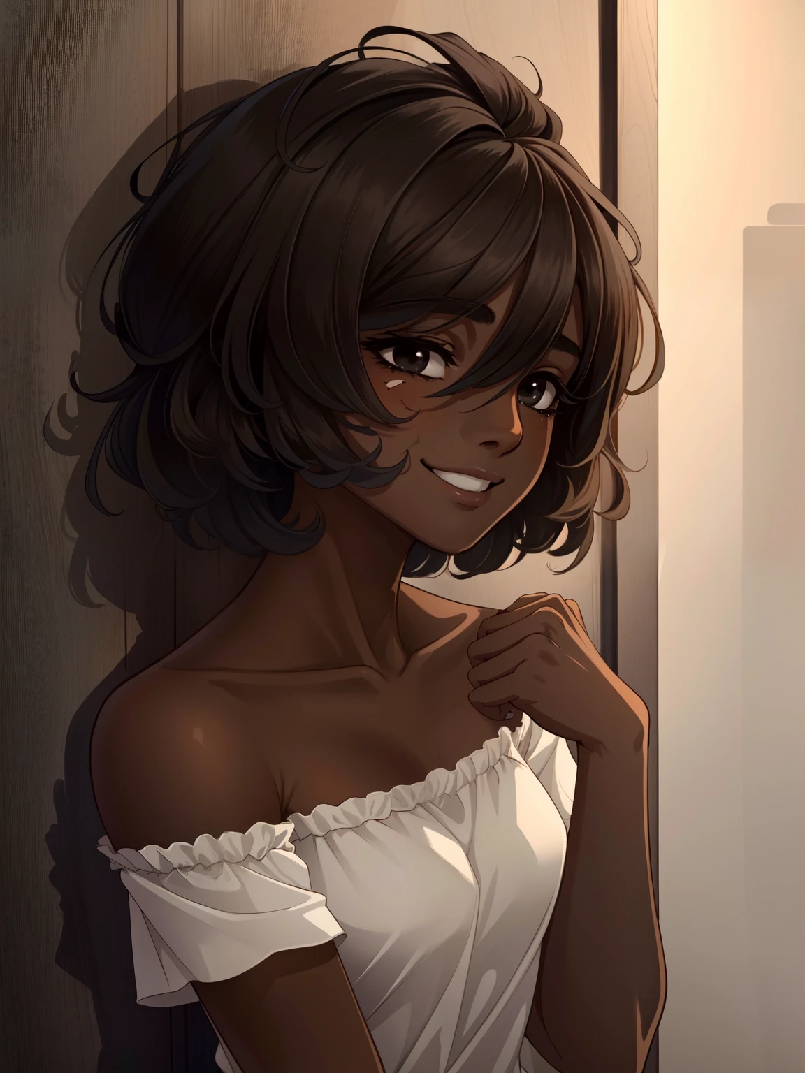 Masterpiece, best quality, high-res, extremely detailed, 1 girl, (dark brown skin tone:1.2), black eyes, princess, short bob, (claw scar on eye), pain behind smile,  sleepy eyes