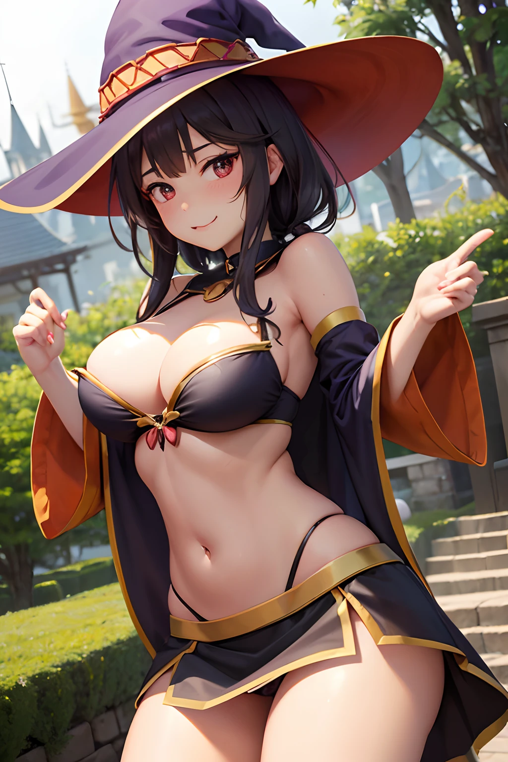 arafed woman in a witch costume posing for a picture, medium size breast, half invoker half megumin, pulling skirt up, showing panty, patreon content, in the garden, daopao, l · Lawliet, not cropped, she is wearing a hat, perfect body face and hands, her belly button is exposed, live - action, thick mustache, instagram, 1 0 / 1 0, colossal