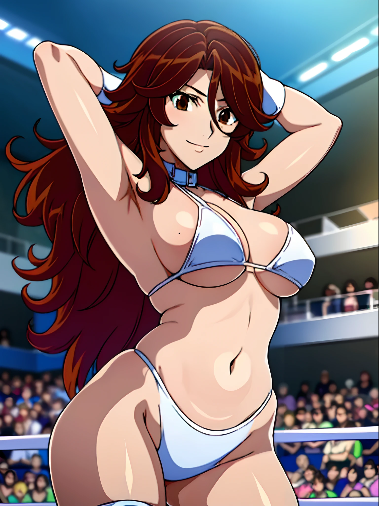 cowboy shot, upper body view, anime style: 1.8, anime drawing, ultra detailed face, ultra detailed body, ultra detailed hair, 4k, Sumergai Lee Noriega, (standing), best quality, anime style, hires, highest definition, digital blending, bold drawing lines, ((slender body, female pro wrestler), (location: wrestling arena, crowds watching), (weak body, tall, slender body, broad shoulders, slim arms, little biceps, thighs, drawn armpit line, long belly), ((white micro bikini, shorts, groin, white boots, white gloves, collar)), , smile, , (big breasts), (big eyes, brown eyes), (warming up), (brown hair, loose hair, curly hair, wavy hair, long hair, missy hair), 27 years old, sexy