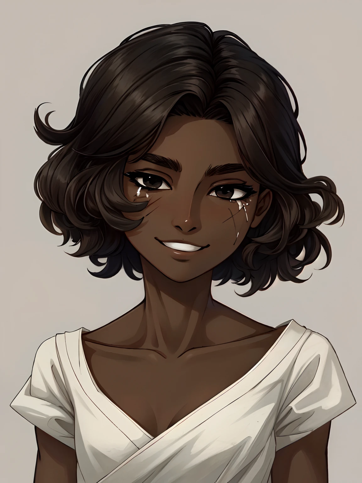 Masterpiece, best quality, high-res, extremely detailed, 1 girl, (dark brown skin tone:1.2), black eyes, princess, short bob, (claw scar on eye), pain behind smile, sleepy eyes