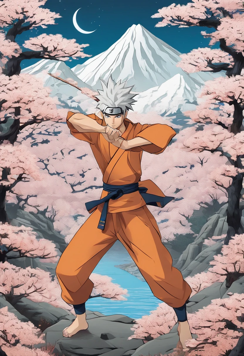 Craft a family image template inspired by 'Naruto.' Depict the family members as shinobi from the Hidden Leaf Village, dressed in ninja attire. Create a scene set against the village's serene landscapes, with cherry blossoms in the background. Arrange the family in poses that reflect their ninja skills and camaraderie. colored, manga style,charismatic and determined expression, headband with the Konoha symbol, spiky blonde hair, vibrant blue eyes, orange jumpsuit, energetic pose, dynamic action, powerful rasengan, dramatic lighting, vivid colors, detailed background, rugged mountains. (best quality, 4k, highres), [realistic], matte finish, bold lines, comic book style, vibrant color palette.