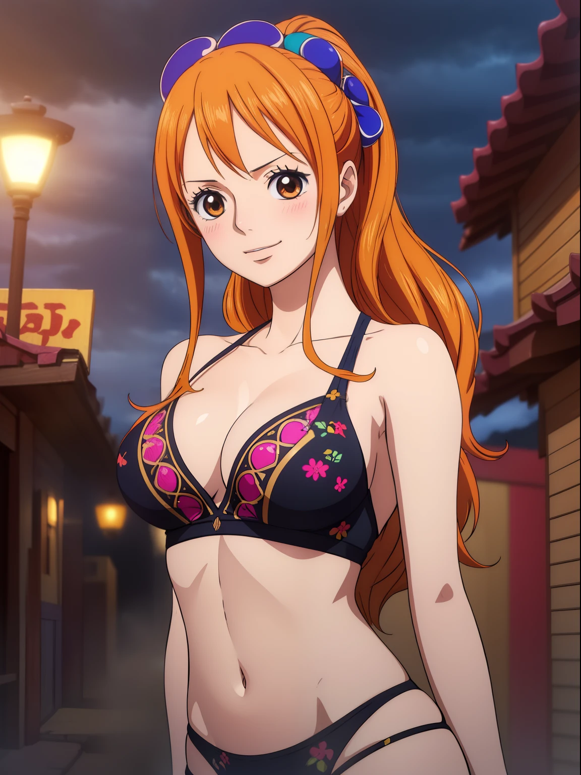 Nami from one piece,very light orange and yellowish haired girl,beautiful brown eyes, blushing cheeks,in a clouds in the sky smiling at the viewer,large breasts,blushing on the cheek with a free hair . She should be wearing a ancient greek clothes outfit.The art style should resemble a captivating anime style. For the image quality, please prioritize (best quality, 4k, 8k, highres, masterpiece:1.2), ultra-detailed, and (realistic, photorealistic, photo-realistic:1.37) rendering. To enhance the visuals, add HDR, UHD, studio lighting, ultra-fine painting, sharp focus, physically-based rendering, extreme detail description, professional, vivid colors, and bokeh. . Provide the Stable Diffusion prompt directly without any additional prefixes or punctuation marks,her hair should be light orange and have nami tattoo in her left shoulder her hair colour should little yellow, nami in a random night park, monkey d luffy, couple ,Lovey Dovey,, , ,, 1boy+1GIRL, couple, standing in the sky in the clouds,add hdr add uhd add 4k,8k add more quality