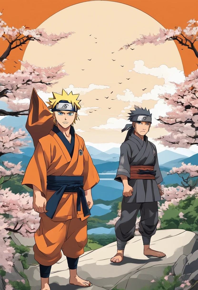 Craft a family image template inspired by 'Naruto.' Depict the family members as shinobi from the Hidden Leaf Village, dressed in ninja attire. Create a scene set against the village's serene landscapes, with cherry blossoms in the background. Arrange the family in poses that reflect their ninja skills and camaraderie. This template should embody the themes of friendship, perseverance, and ninja spirit that 'Naruto' represents, colored, manga style,charismatic and determined expression, headband with the Konoha symbol, spiky blonde hair, vibrant blue eyes, orange jumpsuit, energetic pose, shadow clones in the background, intense fighting scene, dynamic action, powerful rasengan, dramatic lighting, vivid colors, detailed background, rugged mountains. (best quality, 4k, highres), [realistic], matte finish, bold lines, comic book style, vibrant color palette.