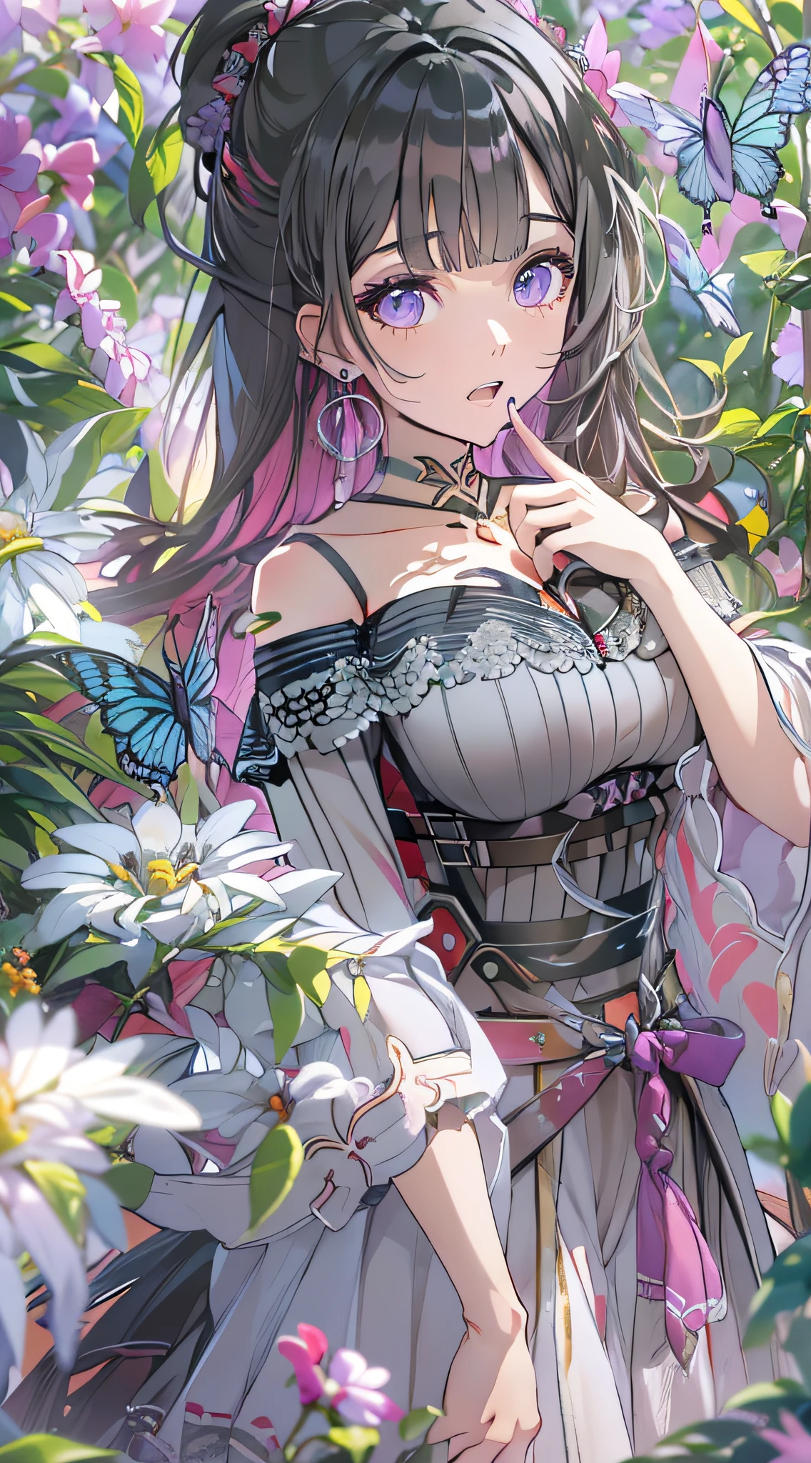 (Best quality,8K,A high resolution,Masterpiece:1.2),Ultra-detailed,Realistic:1.37,CG art,Complex details,delicate patterns,scenery background,Girl in the garden,Detailed face,Detailed eyes and face, Detailed eyes, Long eyelashes,Romantic dance, Hair in a variety of bright colors, Qi bangs, voluminous hair, Deep purple eyes, Clothes with wings,butterflys, obi strip, (sonoko:1.2),Purple flowers, Cloudy sky, Sunlight, Tilt-shift effect, gradient sky, Beautiful face, captivating posture, (Large breasts:1.3),(cleavage:1.3),(Off-the-shoulder clothing:1.6)