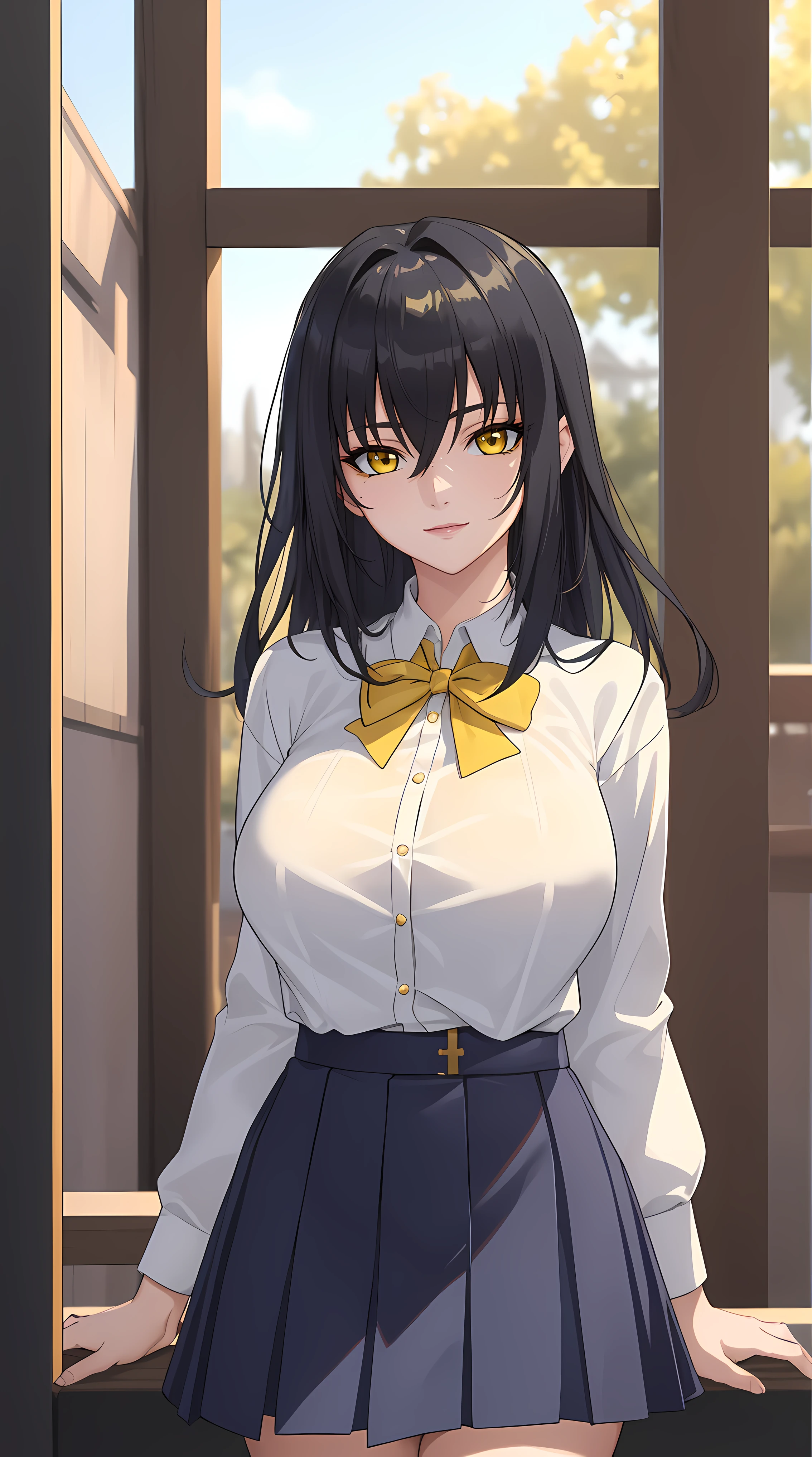 (masterpiece:1.4),(best quality:1.4), soft lighting, cinematic bloom, beautiful face, beautiful eyes, cowboy shot,
1girl, solo, female mature, black hair, long hair, (yellow eyes:1.4), large breasts, school outfit, white shirt, blue skirt, highschool, hair intakes, exquisite eyes detail, exquisite character design unity details 8k hdr, professional art, landscape, (solo:1.5, 1girl:1.4, cowboy shot:1.5), sexy body, milf, 35 years old girl, big thighs, sexy waist, seductive