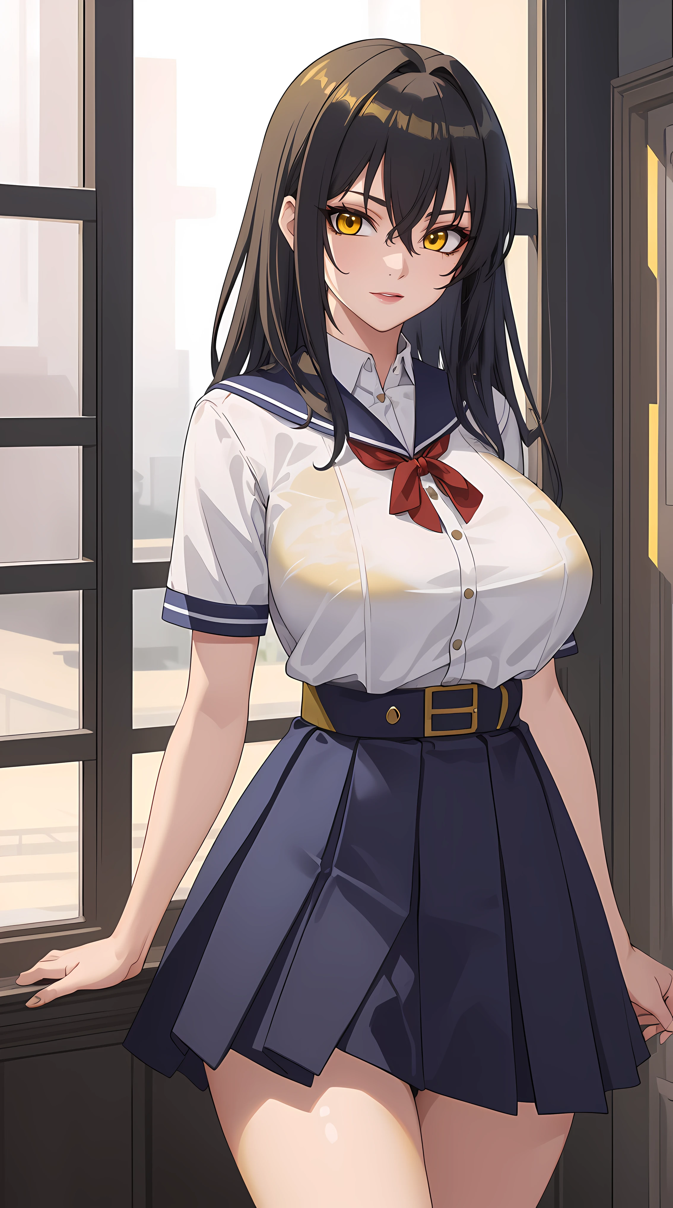 (masterpiece:1.4),(best quality:1.4),  soft lighting, cinematic bloom, beautiful face, beautiful eyes, cowboy shot,
1girl, solo, female mature, black hair, long hair, (yellow eyes:1.4), large breasts, school outfit, white shirt, blue skirt, highschool, hair intakes, exquisite eyes detail, exquisite character design unity details 8k hdr, professional art, landscape, (solo:1.5, 1girl:1.4, cowboy shot:1.5), sexy body, milf, 35 years old girl, big thighs, sexy waist, seductive