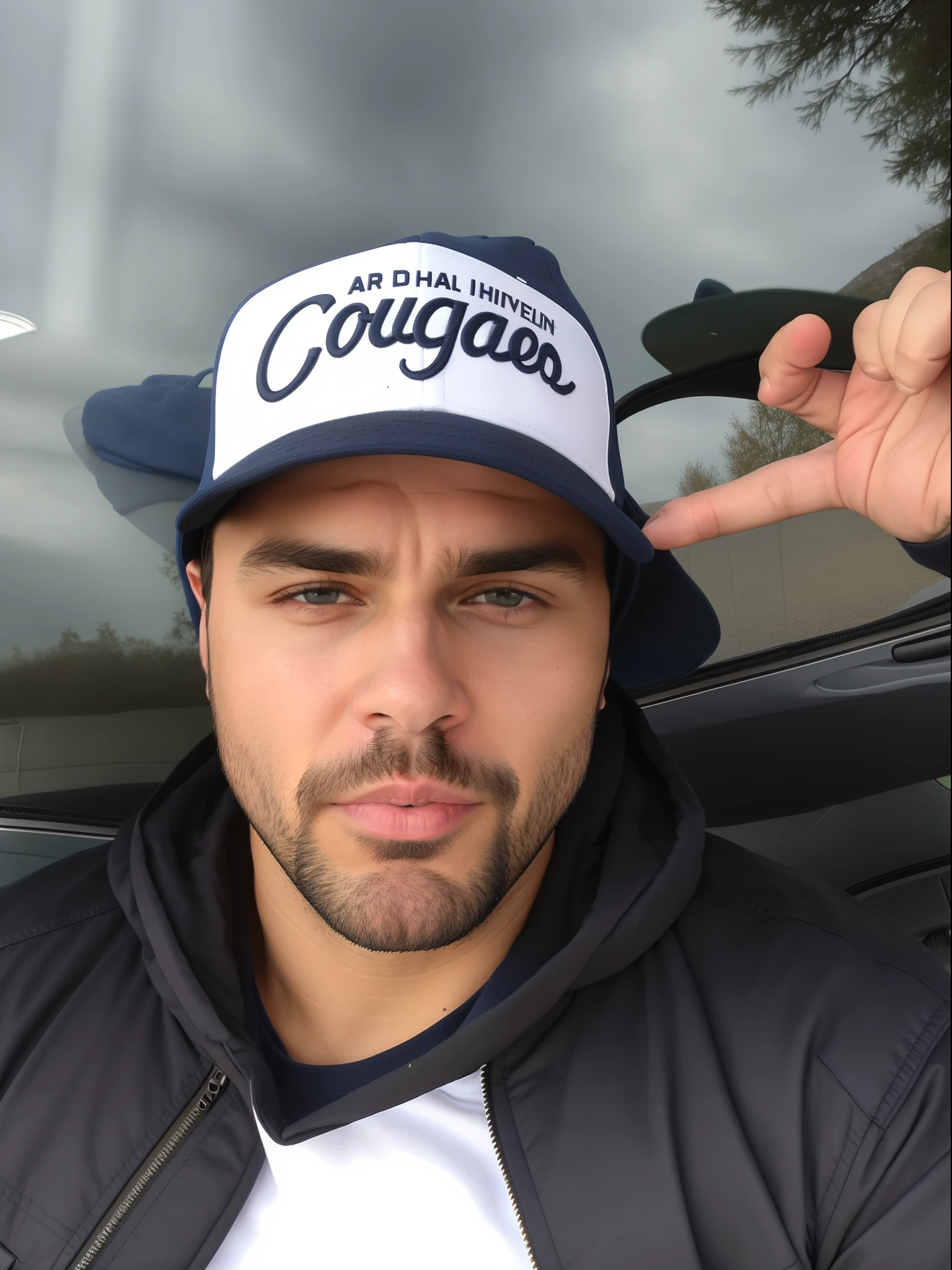 arafed man in a cap and jacket sitting in a car, wearing a navy blue utility cap, orelsan, hand holding cap brim, 3 2 years old, wearing baseball cap, rugged man portrait, david villegas, dylan cole, josan gonzales!!!, josan gonzales, pointing at the camera, help me, wearing beanie