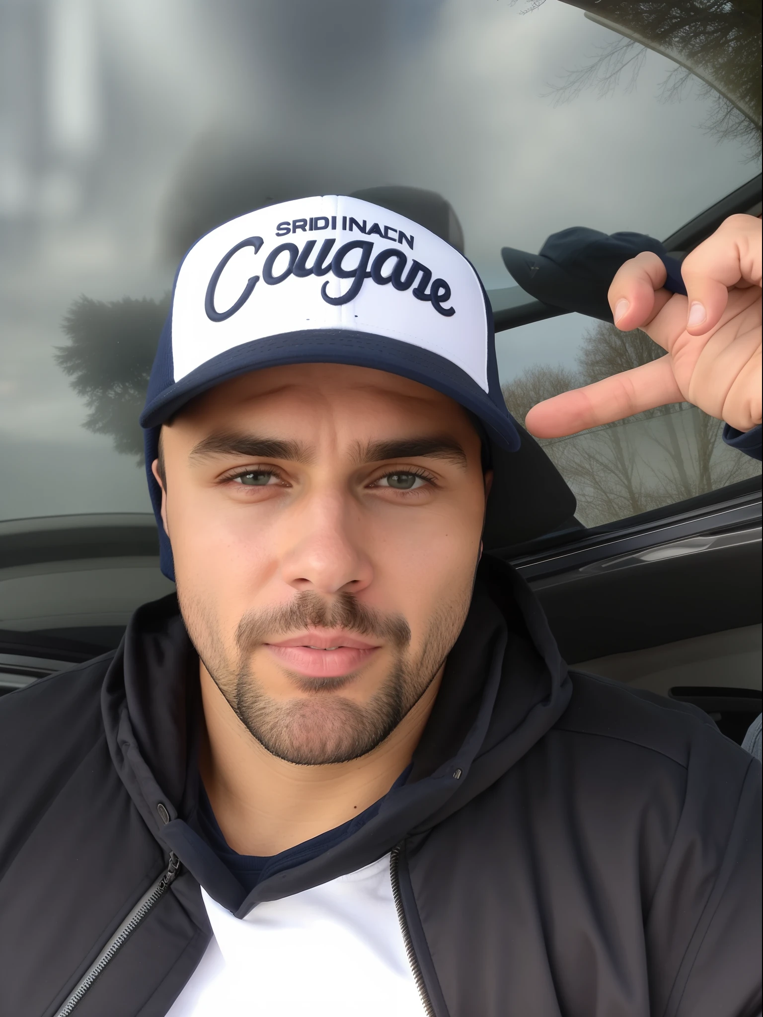 arafed man in a cap and jacket sitting in a car, wearing a navy blue utility cap, orelsan, hand holding cap brim, 3 2 , wearing baseball cap, rugged man portrait, david villegas, dylan cole, josan gonzales!!!, josan gonzales, pointing at the camera, help me, wearing beanie