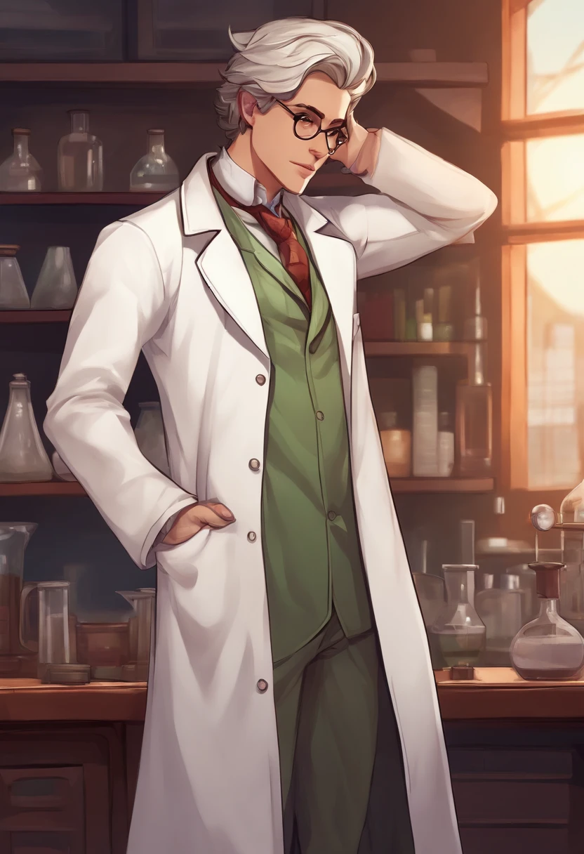 a visual novel character portrait of a quirky scientist in a white coat. neutral pose