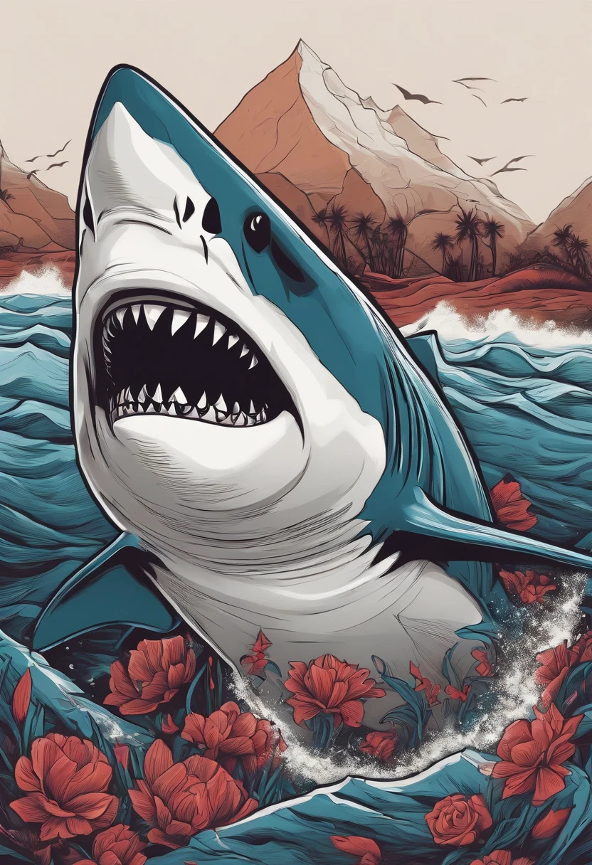 /imagine prompt: shark illustration for a sticker with a black background, in bold outline style, jagged edges, trashcore, light shading --v 5.2