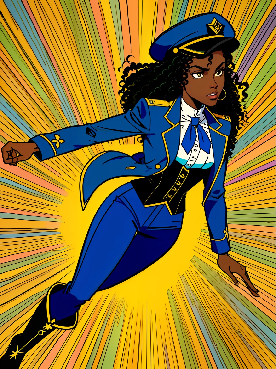 (comic style:1.3), (comic poster) (line art:1.5), (full body),(masterpiece, award winning, best quality:1.3), (flat color:1.3),(colorful:1.3), 1 girl ((solo)), Haitian, casting a spell, long curly black hair, dark skin, wearing a blue captains jacket, blue captains hat, blue pants, corset, cinematic, masterpiece, detailed background, detailed material textures, serious, realistic 1.35, muscular 1.2