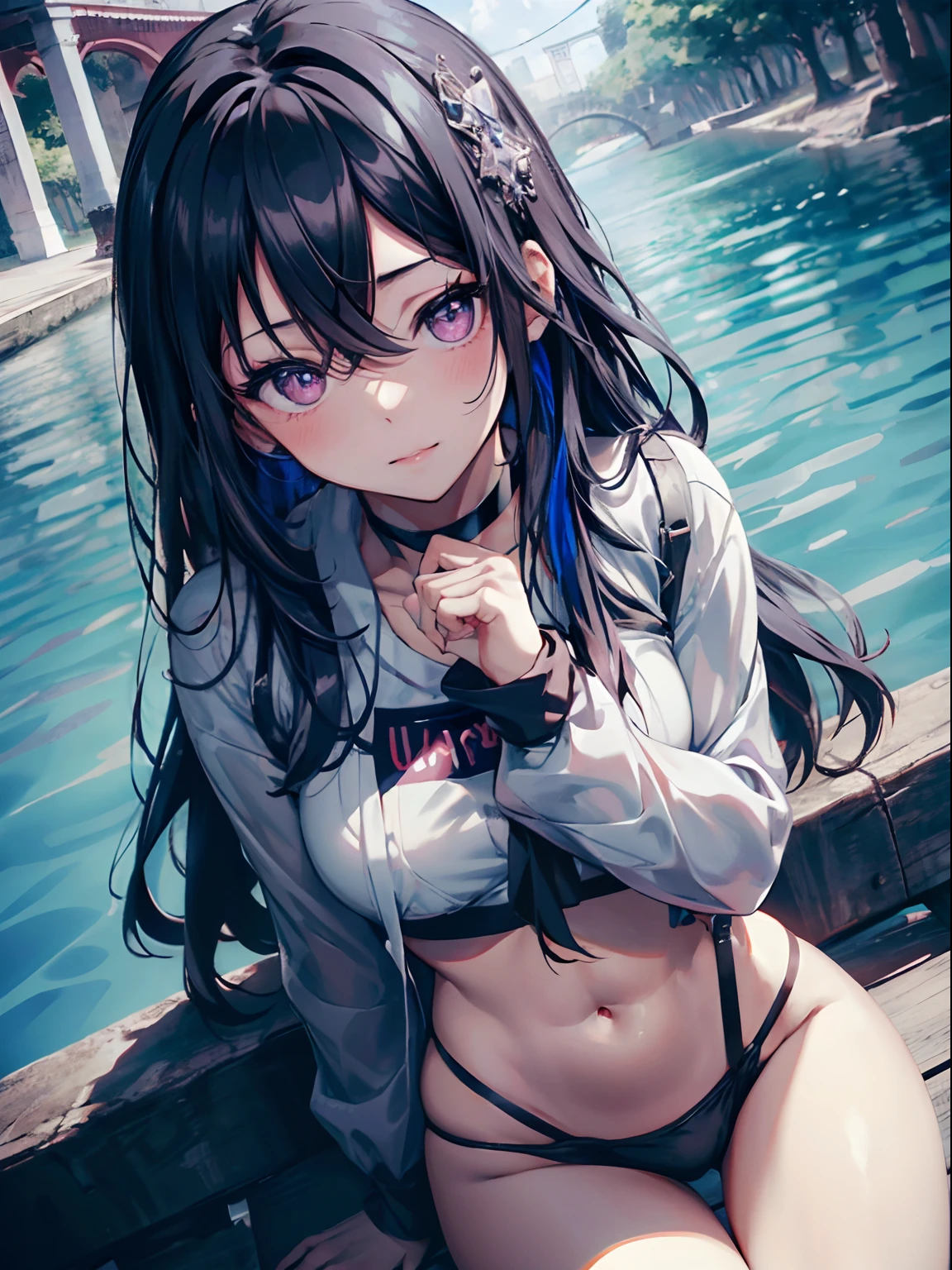 absurderes,(​masterpiece、top-quality、8K ),intricate detailes,ultra-detailliert、(Raw photo,photographrealistic:1.3),1 girl,(16 year old cute beautiful girl:1.2),bikini of、Uruha Ichinose、O cabelo multicolorido,、Black Choker、swimming pools、Smile、tired expression、 dark purple eyes、detailed and beautiful eyes、(Glossy Lip、Crystal clear skin、White and beautiful skin:1.0),long lashes、Eye Highlights,Hyper realistic,Perfect Anatomy,Attractive