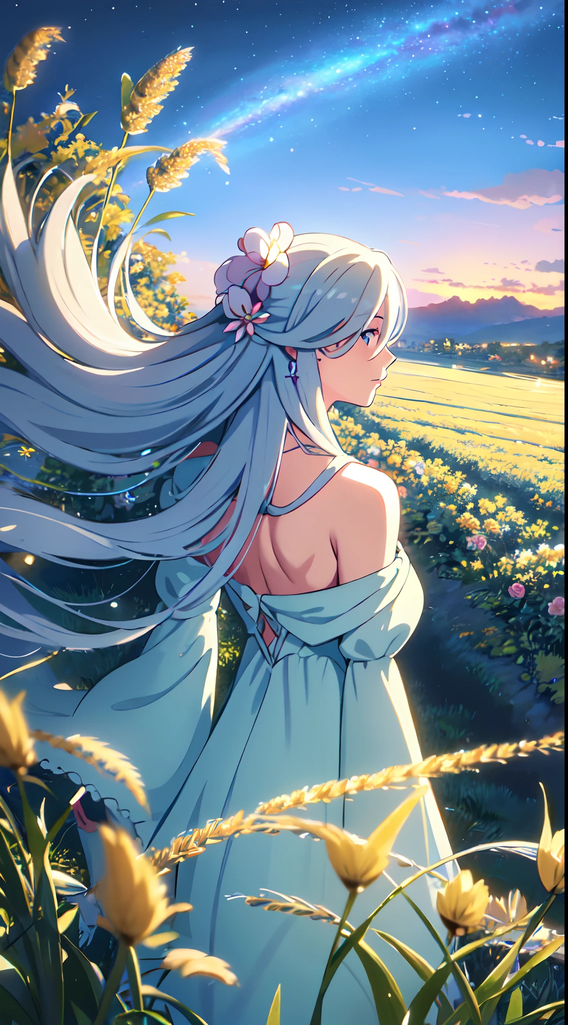 masterpiece, best quality, 1lady, solo, really long hair, white hair, (flowers hair ornament), light blue eyes, necklace, earrings, night, Vast sky, beautiful skyline, fireflies, fantasy, off shoulder blue dress, night scenery, behind view, back view, looking up at the sky, touching wheat field, close up