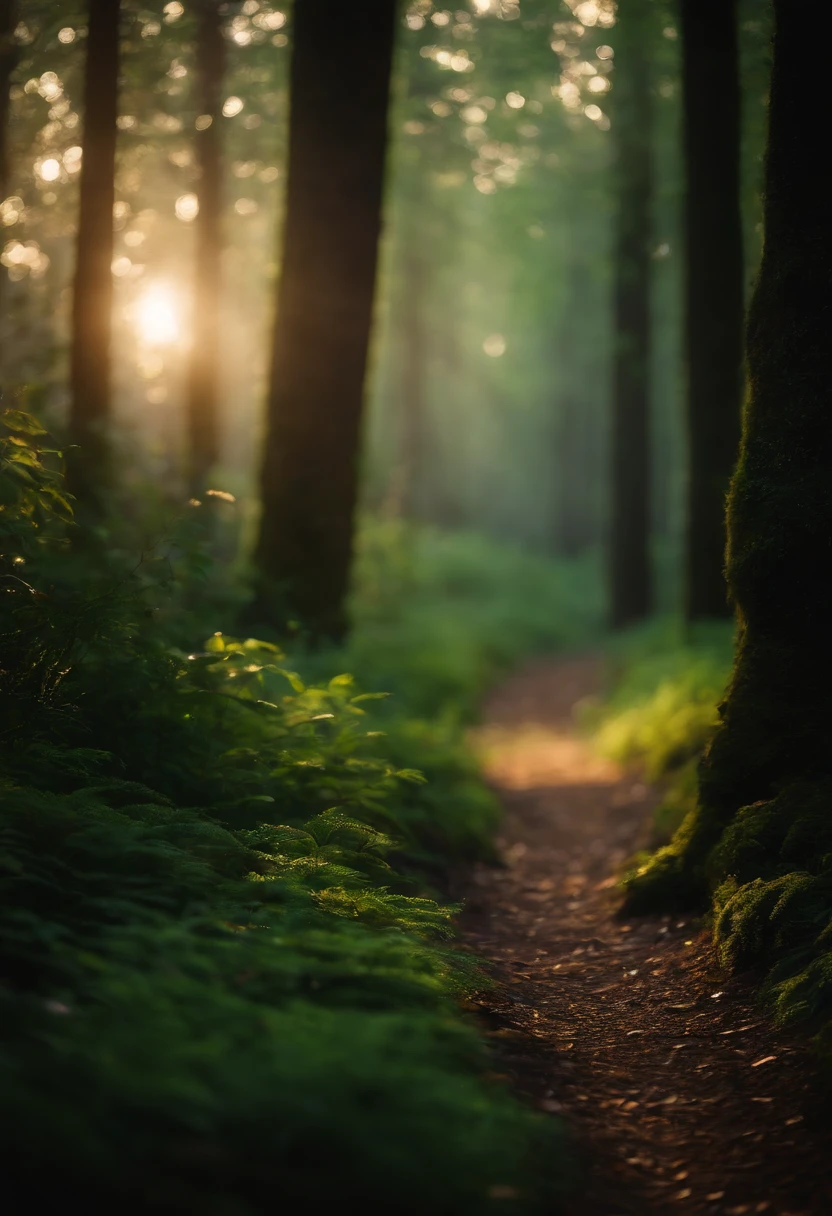 In a forest, a path shines with light. The background is a magical forest, creating an atmosphere that is very magical and dreamlike, enchanting magic, and enchanting magical fantasy. The forest is inhabited by magical fairies and fireflies. It is a type of fairy forest.
