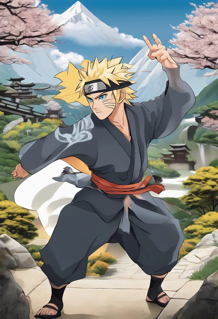 Craft a family image template inspired by 'Naruto.' Depict the family members as shinobi from the Hidden Leaf Village, dressed in ninja attire. Create a scene set against the village's serene landscapes, with cherry blossoms in the background. Arrange the family in poses that reflect their ninja skills and camaraderie. This template should embody the themes of friendship, perseverance, and ninja spirit that 'Naruto' represents, colored, manga style,charismatic and determined expression, headband with the Konoha symbol, spiky blonde hair, vibrant blue eyes, orange jumpsuit, energetic pose, shadow clones in the background, intense fighting scene, dynamic action, powerful rasengan, dramatic lighting, vivid colors, detailed background, rugged mountains. (best quality, 4k, highres), [realistic], matte finish, bold lines, comic book style, vibrant color palette.