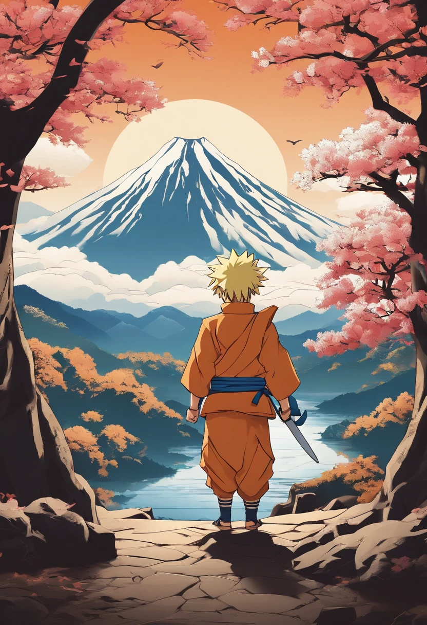 Craft a family image template inspired by 'Naruto.' Depict the family members as shinobi from the Hidden Leaf Village, dressed in ninja attire. Create a scene set against the village's serene landscapes, with cherry blossoms in the background. Arrange the family in poses that reflect their ninja skills and camaraderie. This template should embody the themes of friendship, perseverance, and ninja spirit that 'Naruto' represents, colored, manga style,charismatic and determined expression, headband with the Konoha symbol, spiky blonde hair, vibrant blue eyes, orange jumpsuit, energetic pose, shadow clones in the background, intense fighting scene, dynamic action, powerful rasengan, dramatic lighting, vivid colors, detailed background, rugged mountains. (best quality, 4k, highres), [realistic], matte finish, bold lines, comic book style, vibrant color palette.