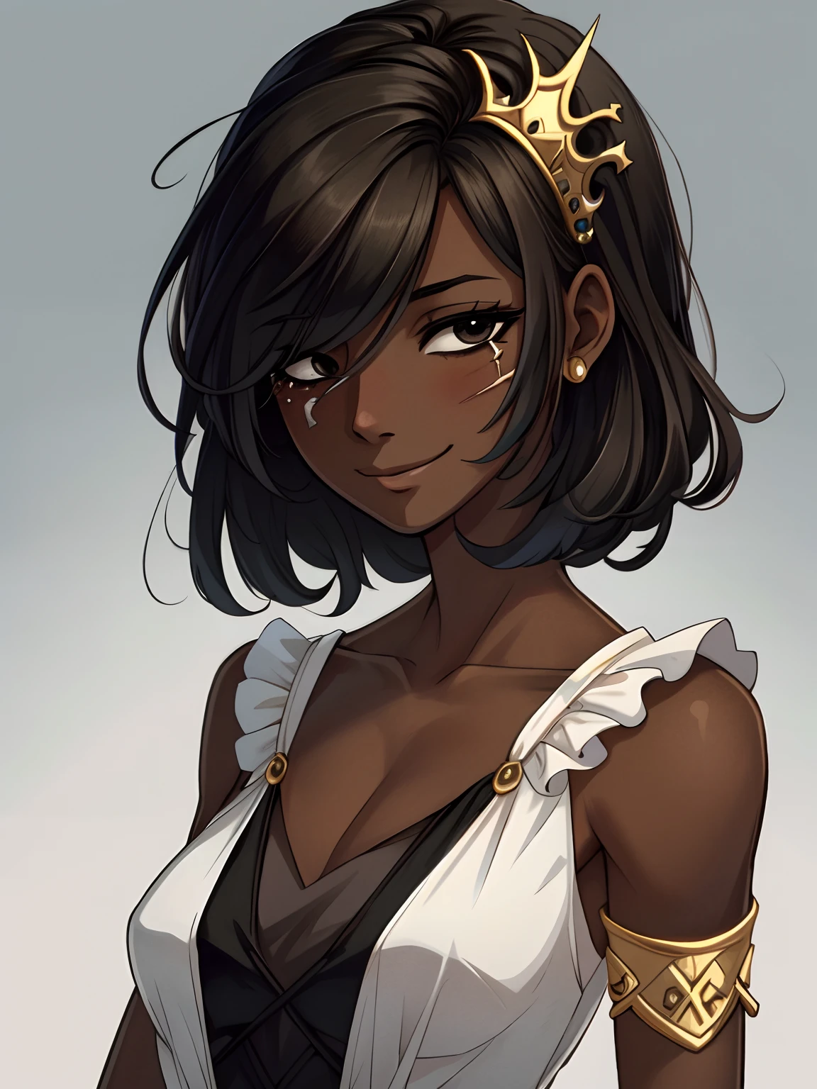 Masterpiece, best quality, high-res, extremely detailed, 1 girl, (dark brown skin tone:1.2), black eyes, princess, short bob, (claw scar on eye), pain behind smile,  sleepy eyes