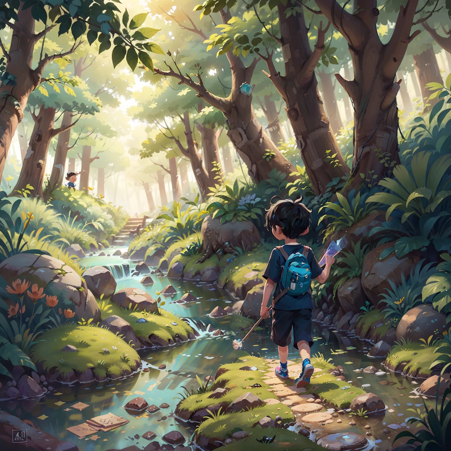 children's drawing, boy black hair, blue shirt, walking along a trail in the forest, in front of him a crystal clear river, detail-oriented