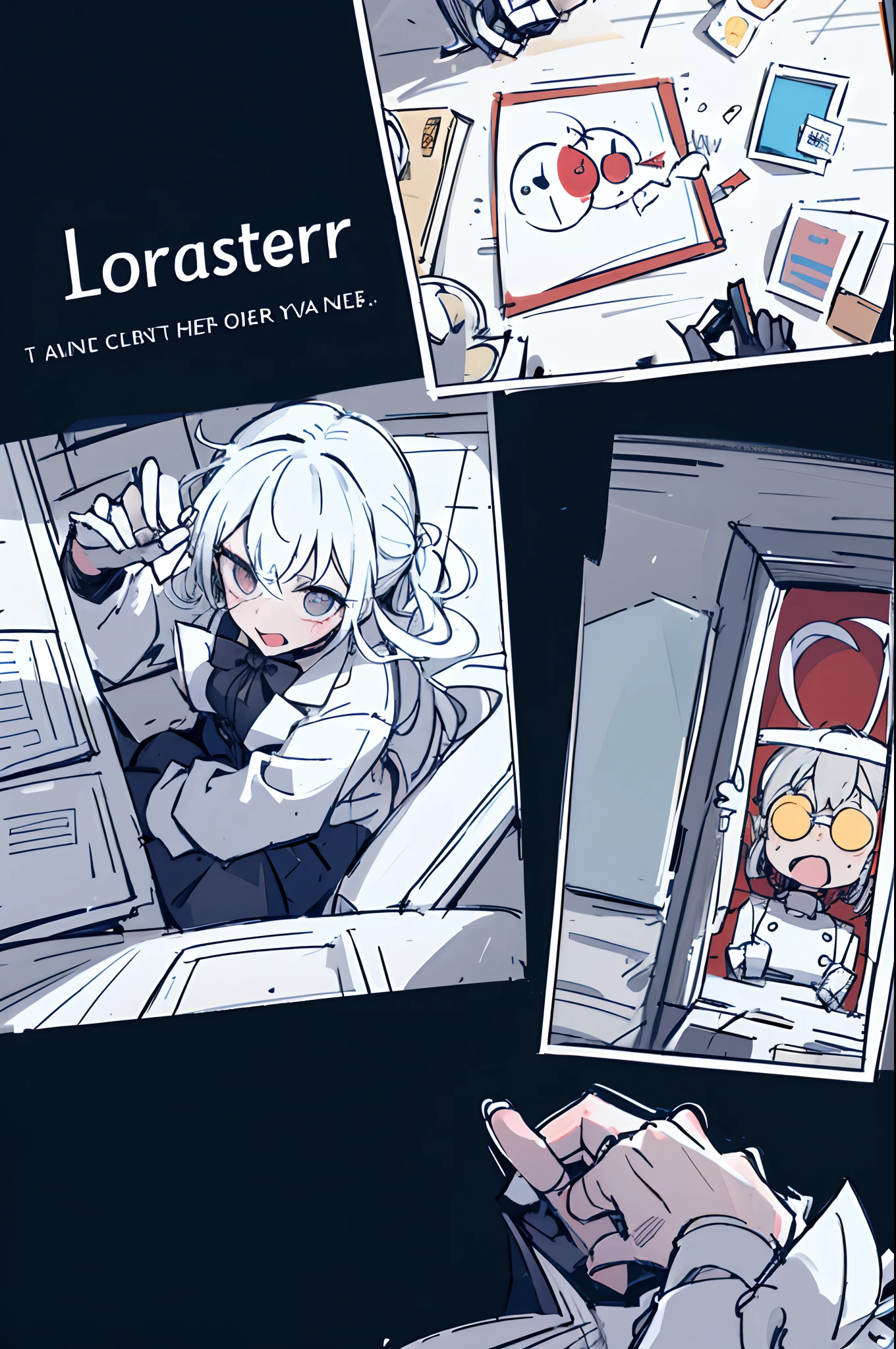 loremaster,magnifying glass,research,research institute,perfect pubic,succinct,Four-panel comics,Highlight the central figure